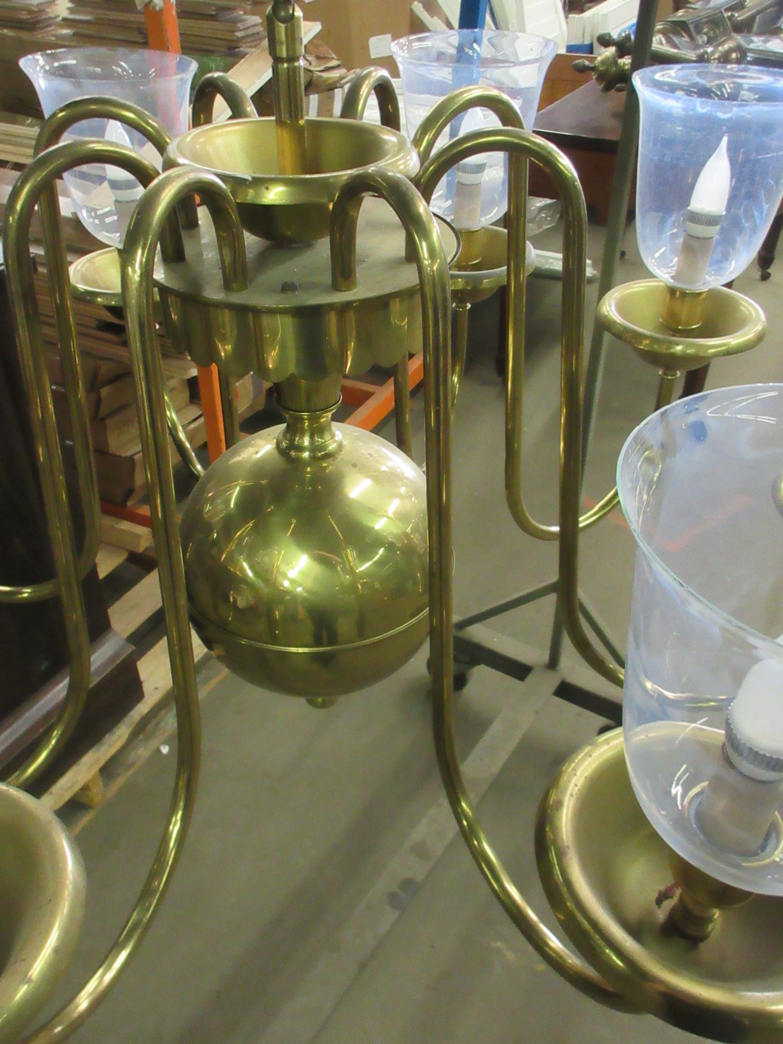 Eight Arm Brass Chandelier with Glass Sconces