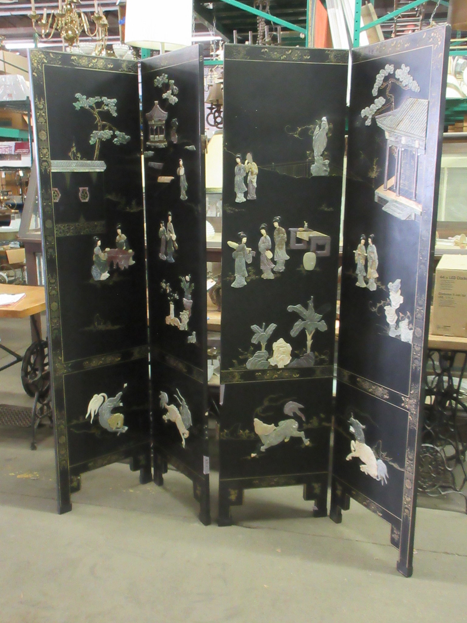 Vintage Chinese Paneled Room Divider with Stone Art