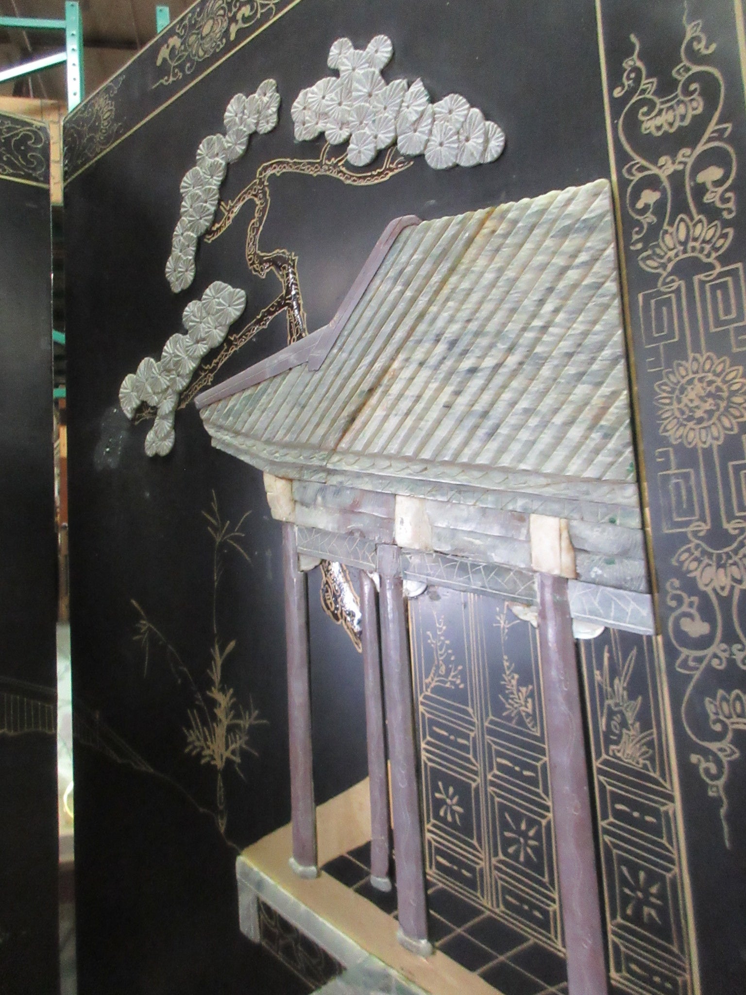 Vintage Chinese Paneled Room Divider with Stone Art