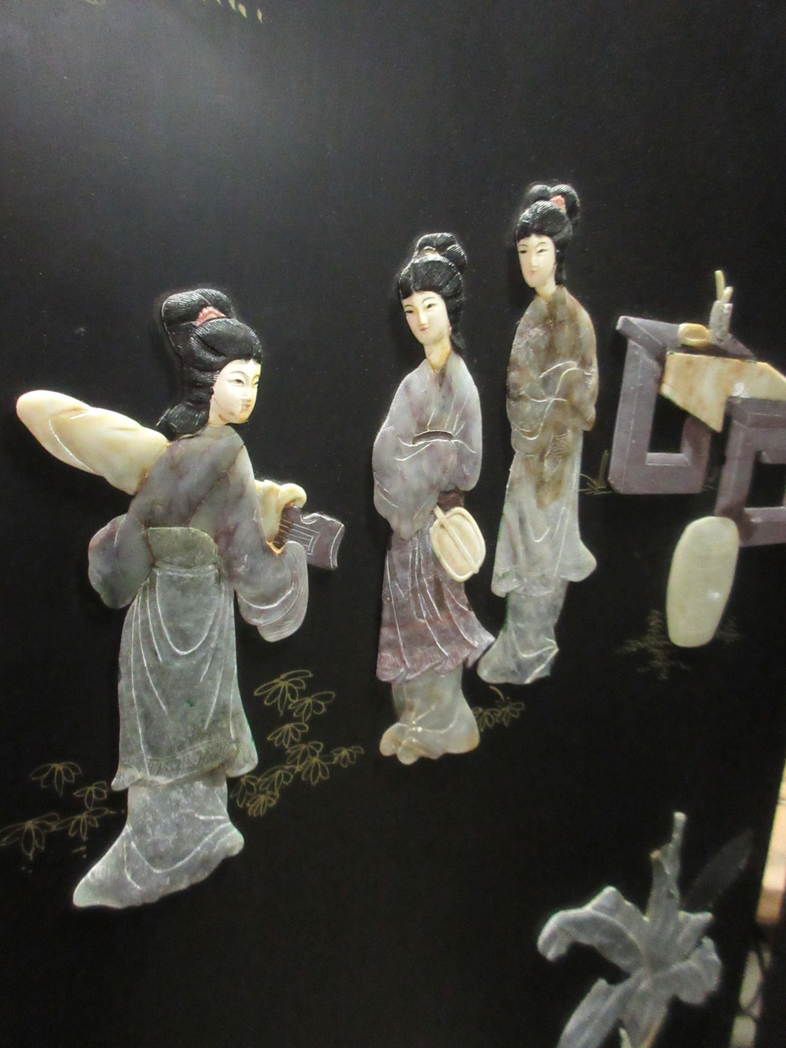 Vintage Chinese Paneled Room Divider with Stone Art