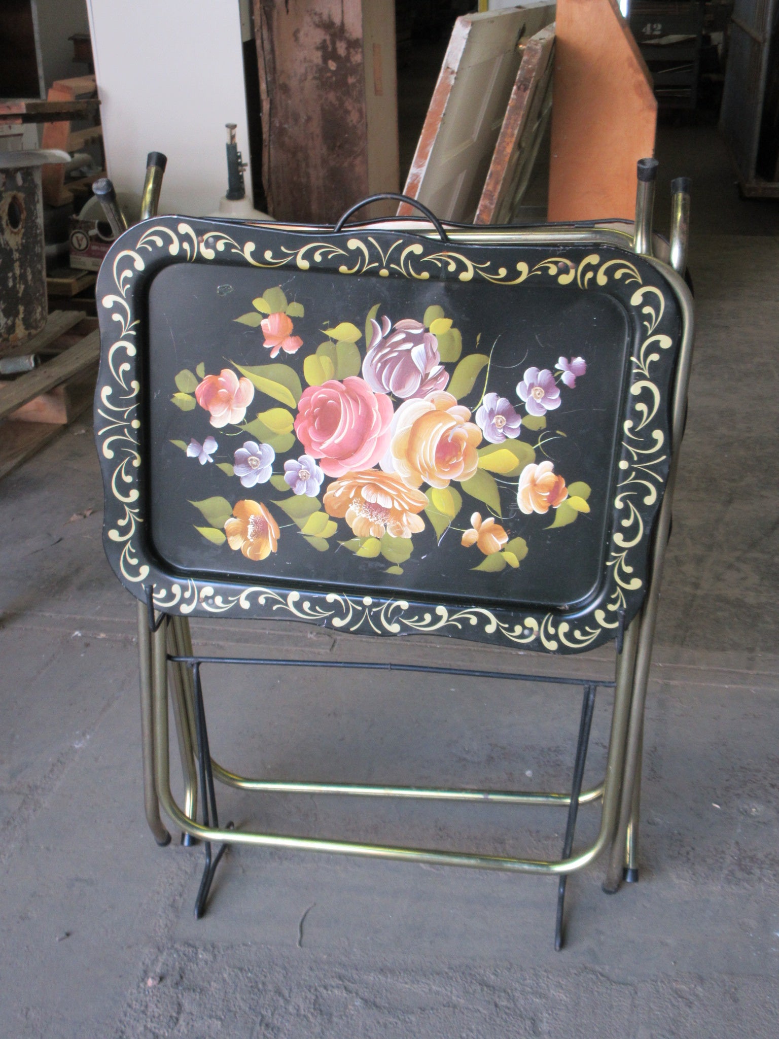 Vintage 1950's Metal Tole Tray Tables with Stand (Pair of Two)