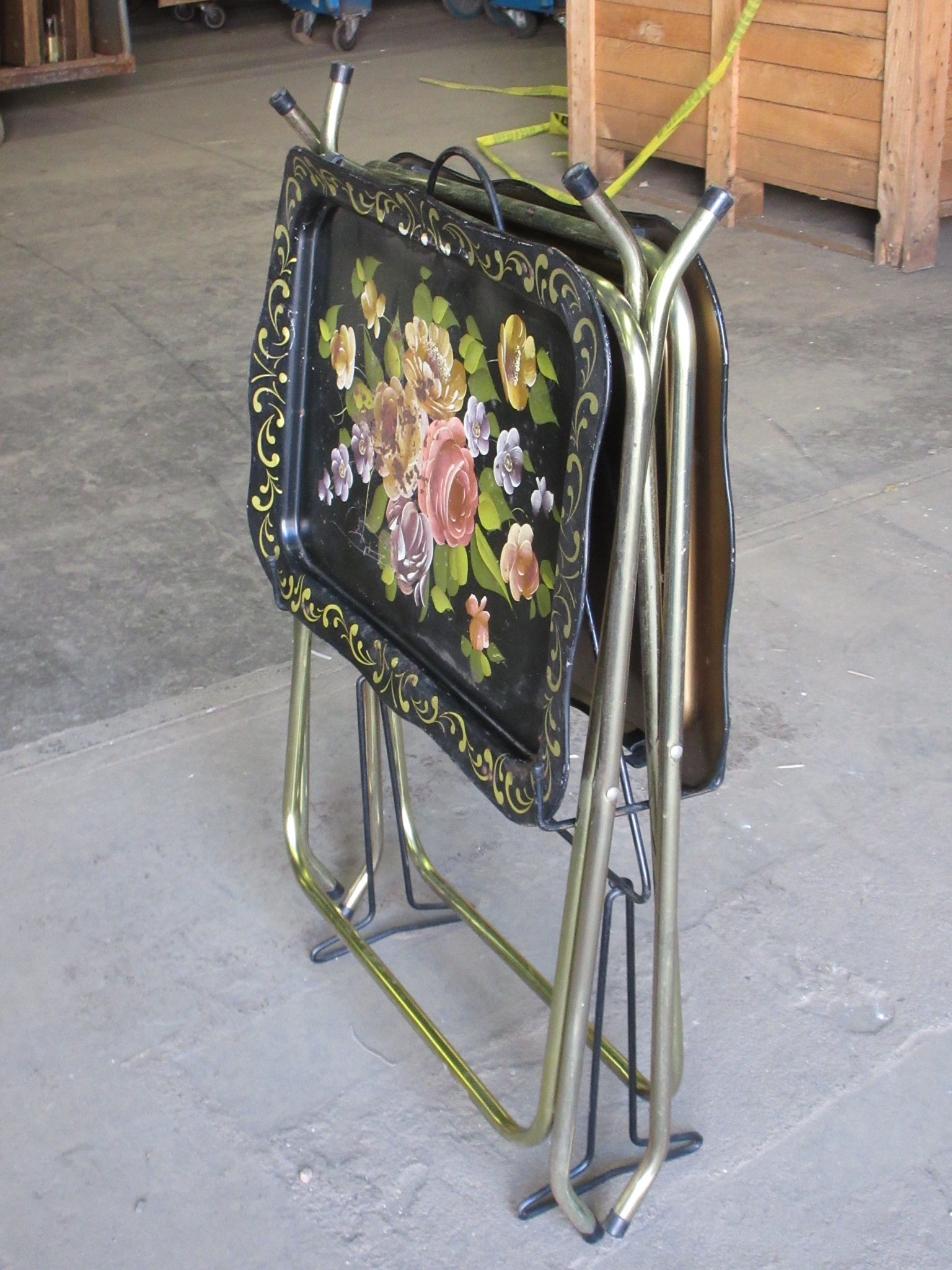 Vintage 1950's Metal Tole Tray Tables with Stand (Pair of Two)