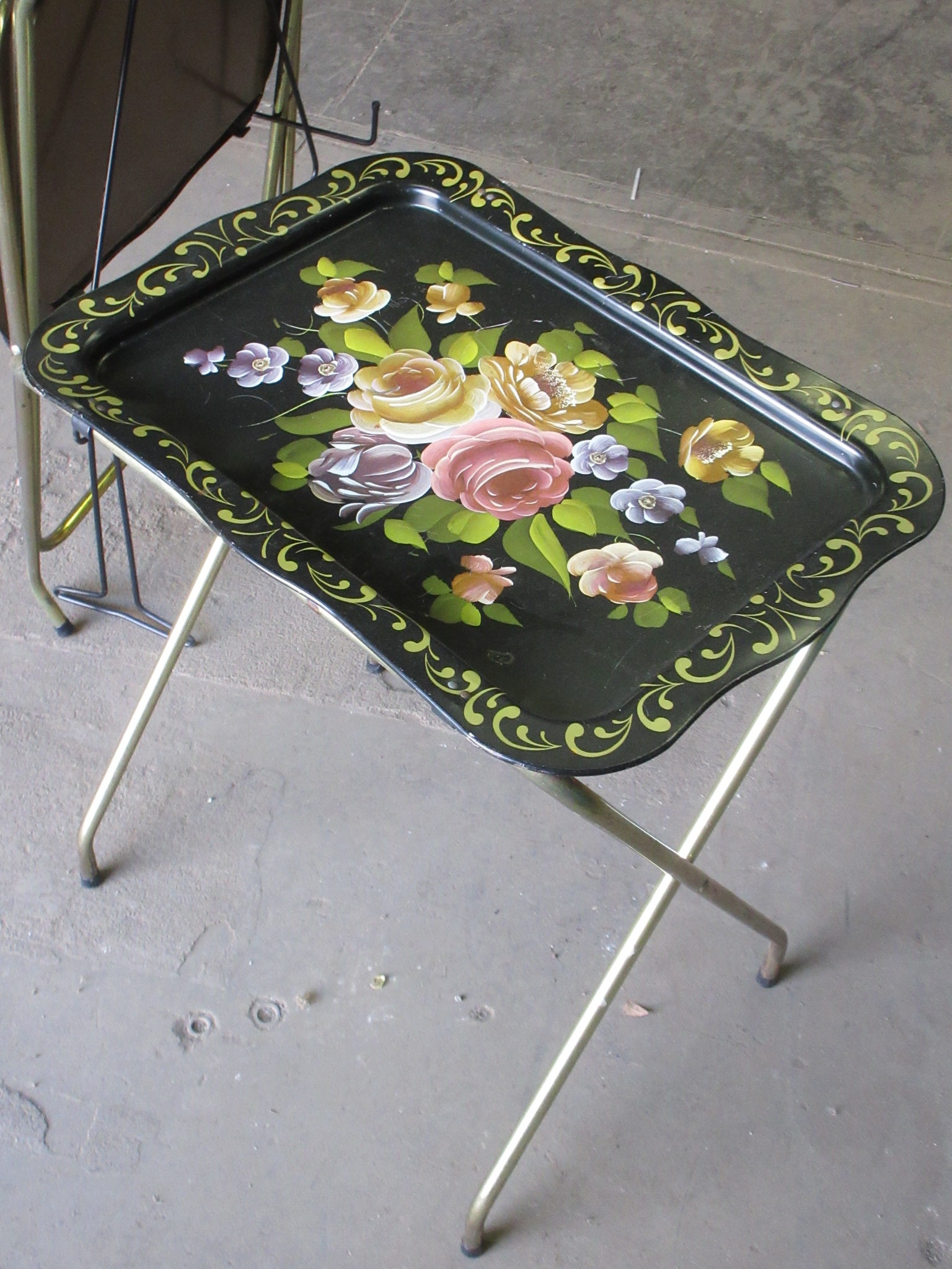 Vintage 1950's Metal Tole Tray Tables with Stand (Pair of Two)