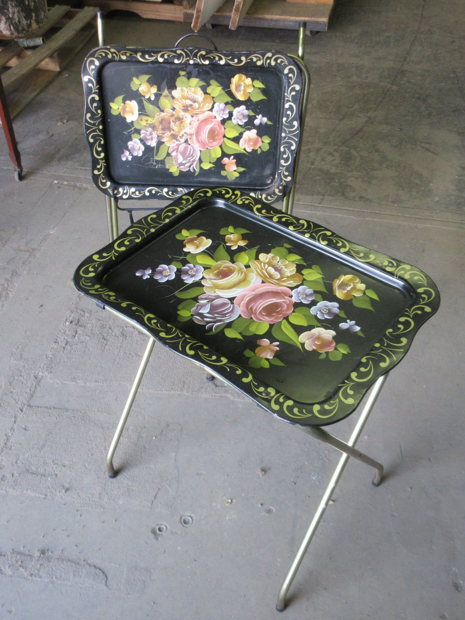 Vintage 1950's Metal Tole Tray Tables with Stand (Pair of Two)