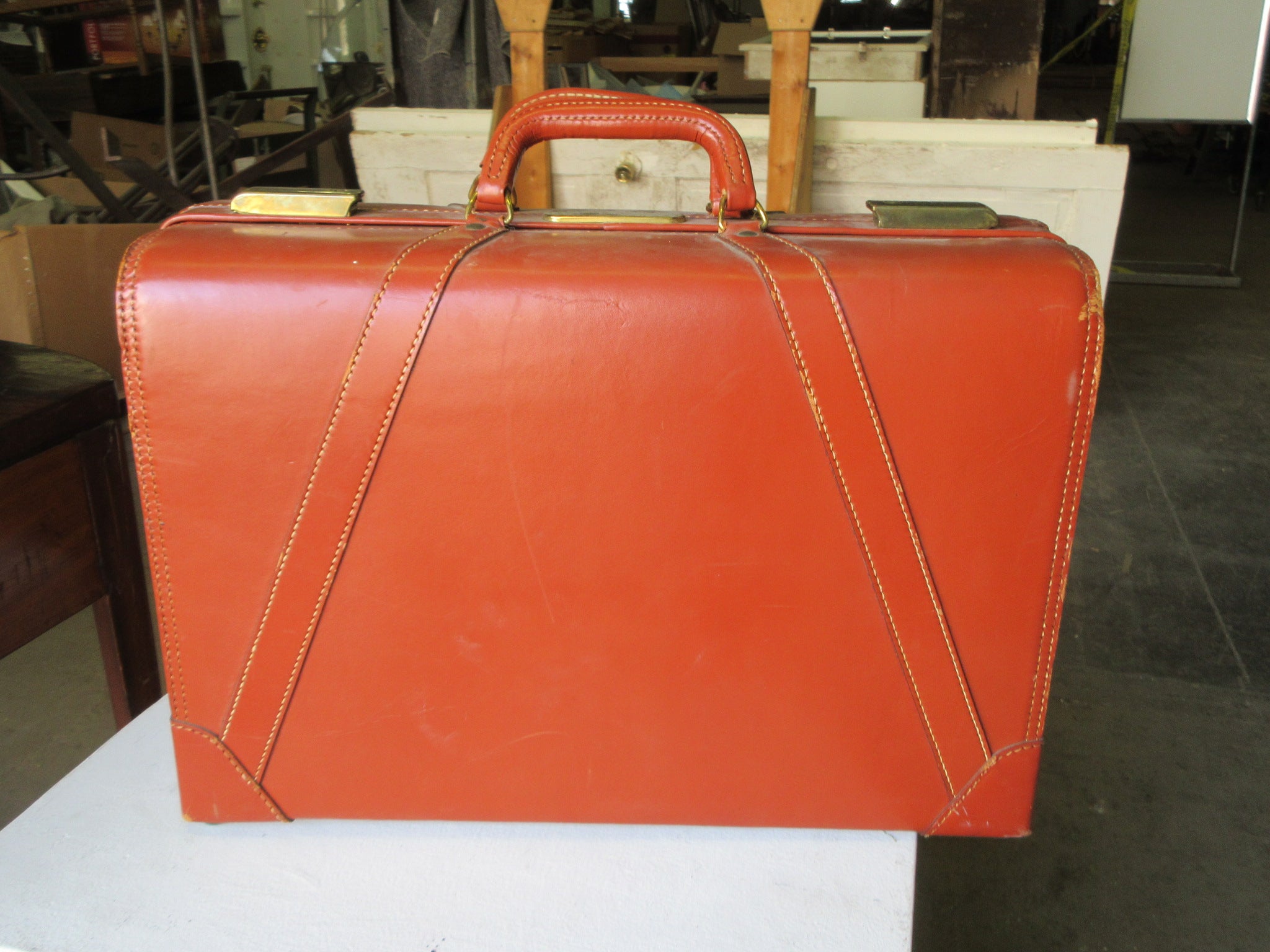Vintage Two Handled Cowhide Leather Suitcase