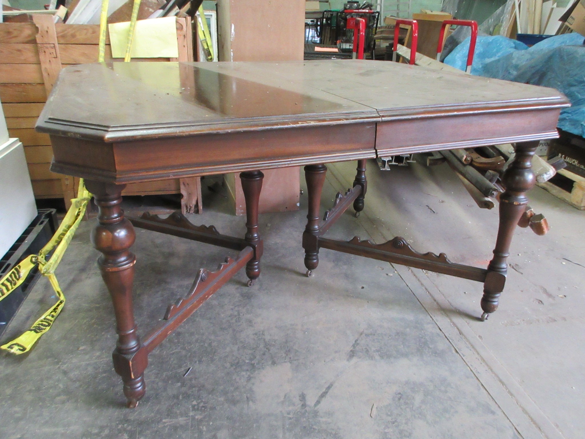 Carved Oak Wood Six Leg Dining Table with 12" Leaf