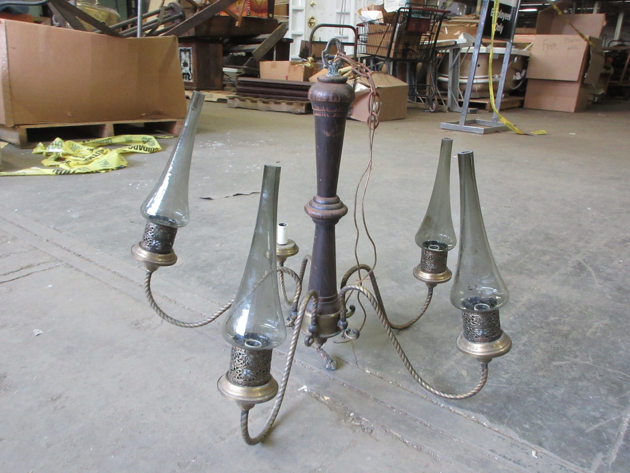 Brass Colored Barley Twist Five Arm Chandelier with Shades