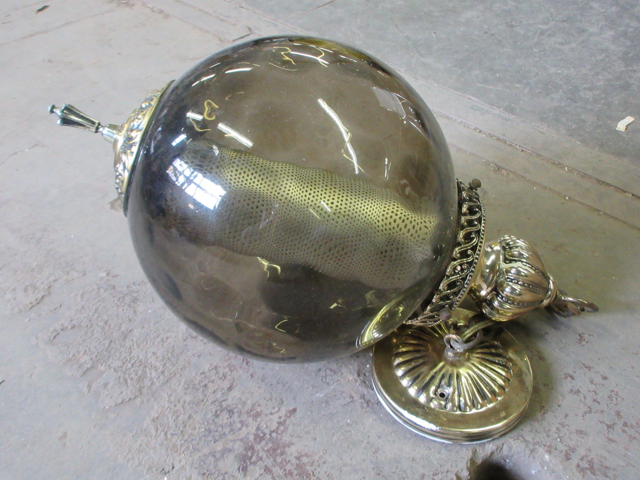 Vintage Hanging Swag Lamp with Smokey Glass Shade