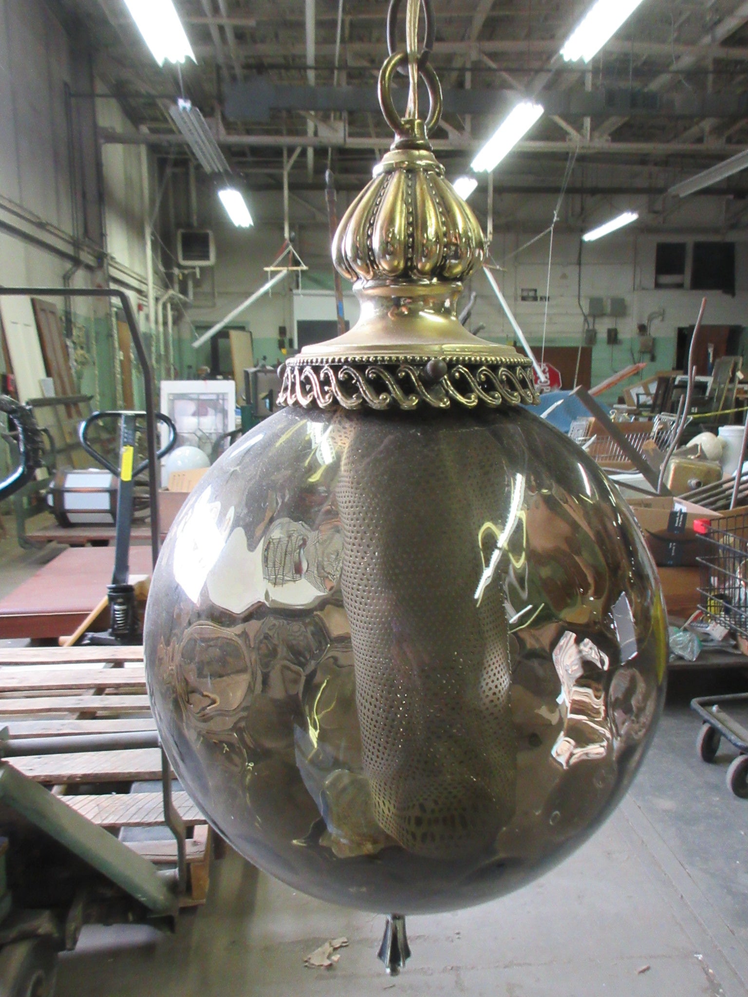 Vintage Hanging Swag Lamp with Smokey Glass Shade