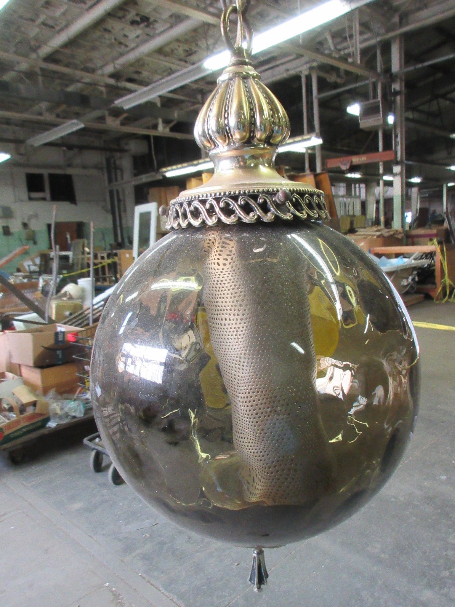 Vintage Hanging Swag Lamp with Smokey Glass Shade