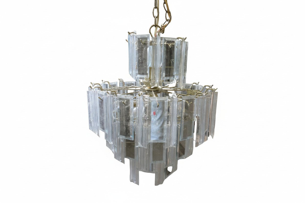 Mid-Century Modern Tiered Glass Prism Chandelier – AS IS – Missing Crystals