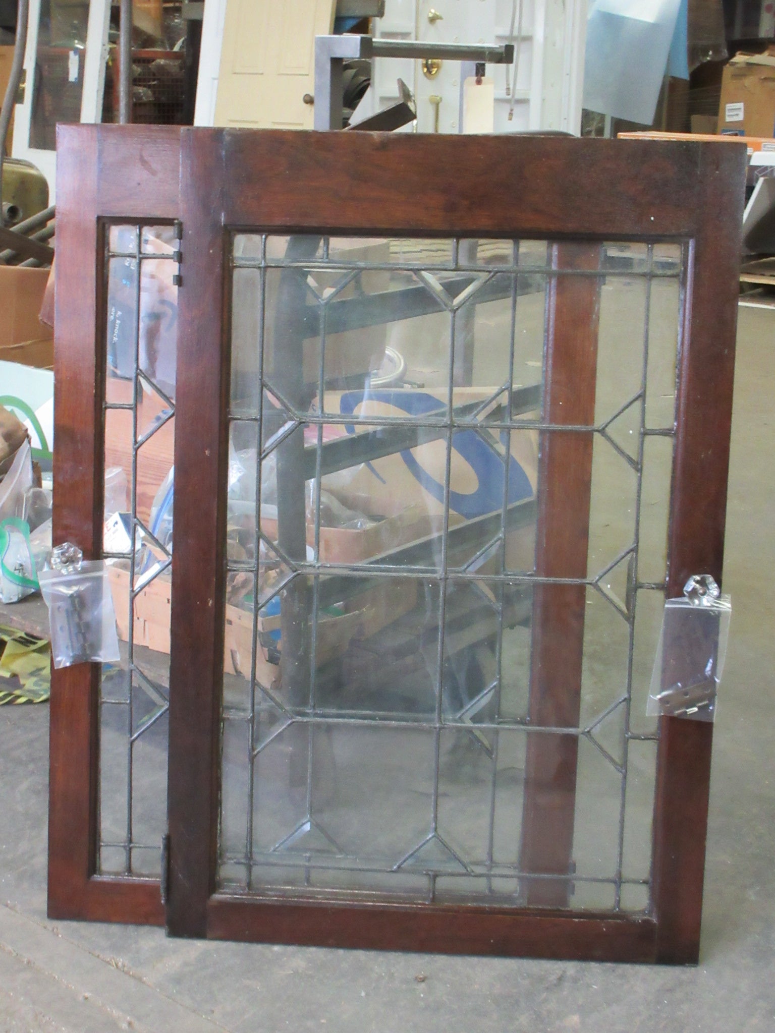Pair of Leaded Glass Cabinet Doors with Glass Pulls (Set of Two)
