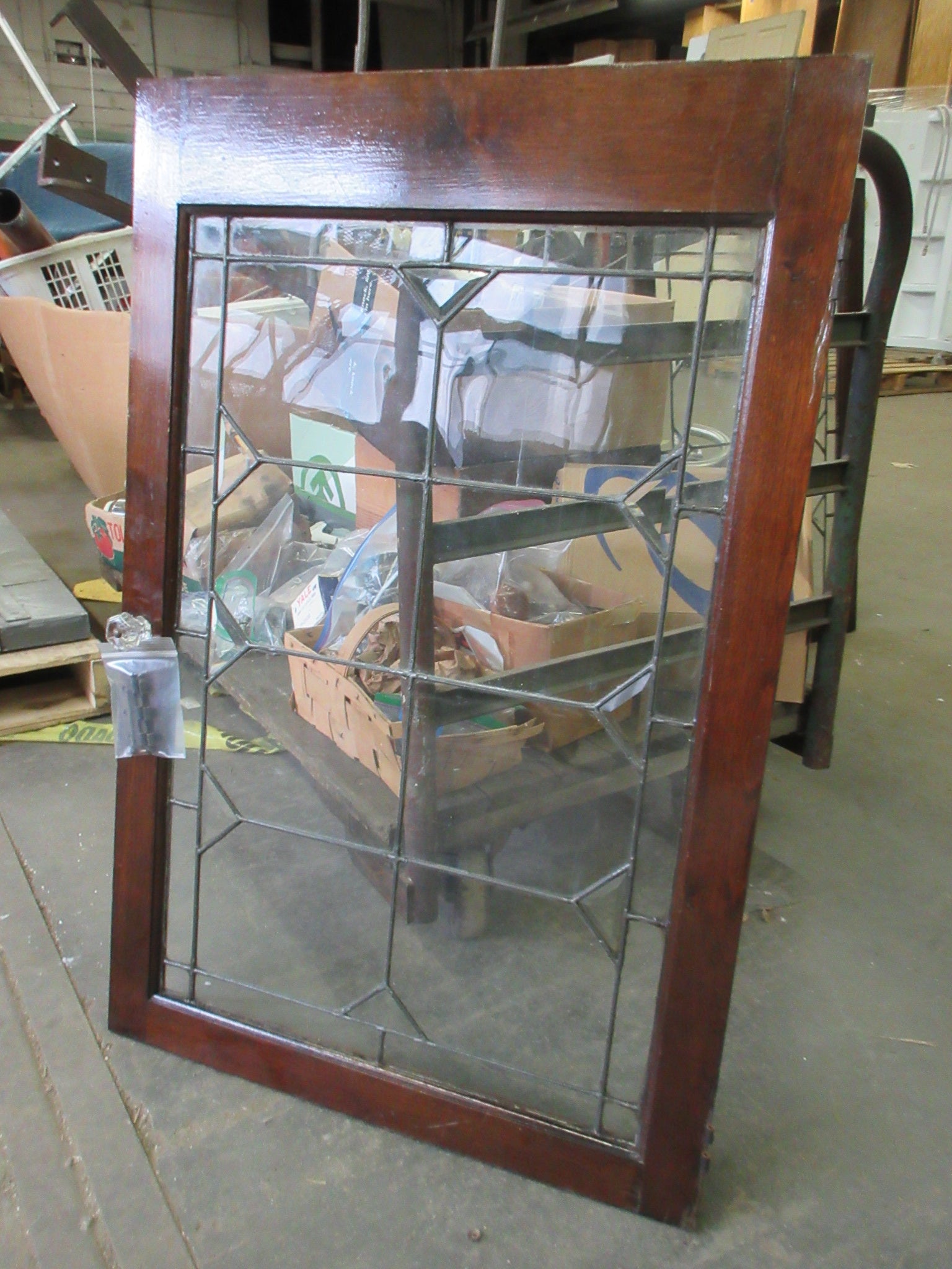 Pair of Leaded Glass Cabinet Doors with Glass Pulls (Set of Two)