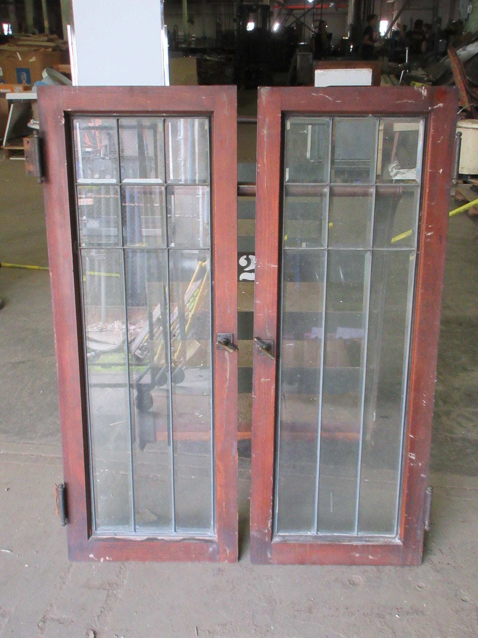 Pair of Leaded Glass Cabinet Doors with Latches (Set of Two)