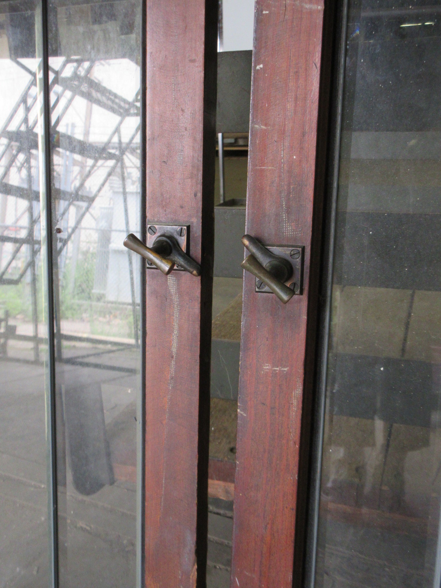 Pair of Leaded Glass Cabinet Doors with Latches (Set of Two)
