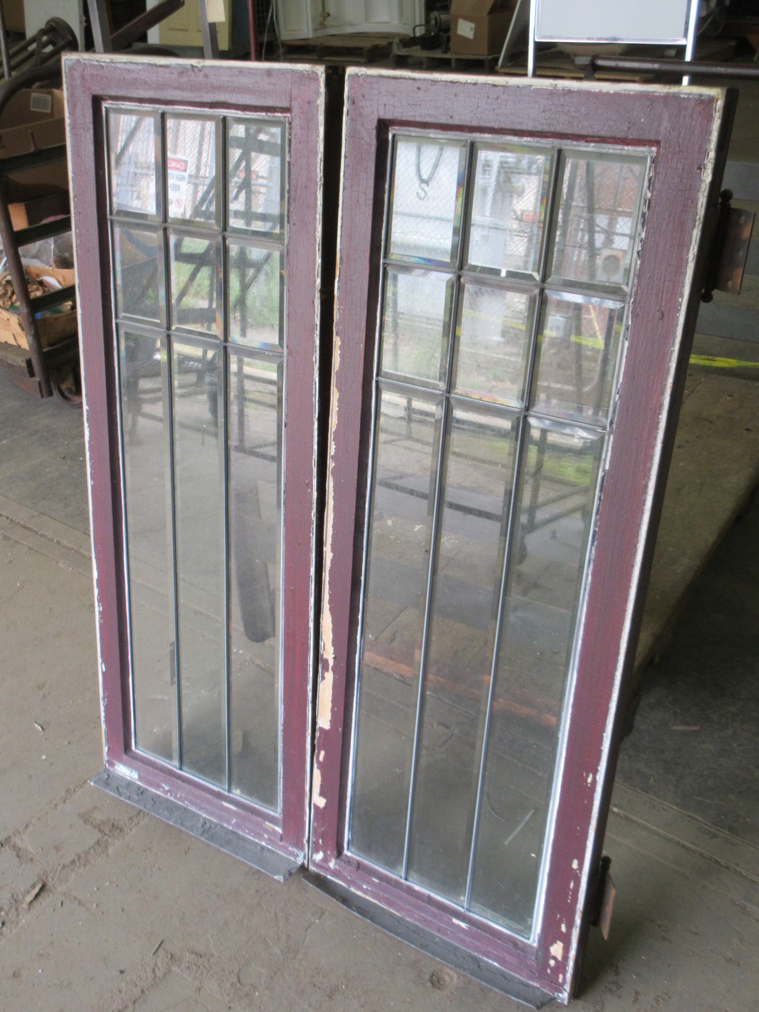 Pair of Leaded Glass Cabinet Doors with Latches (Set of Two)