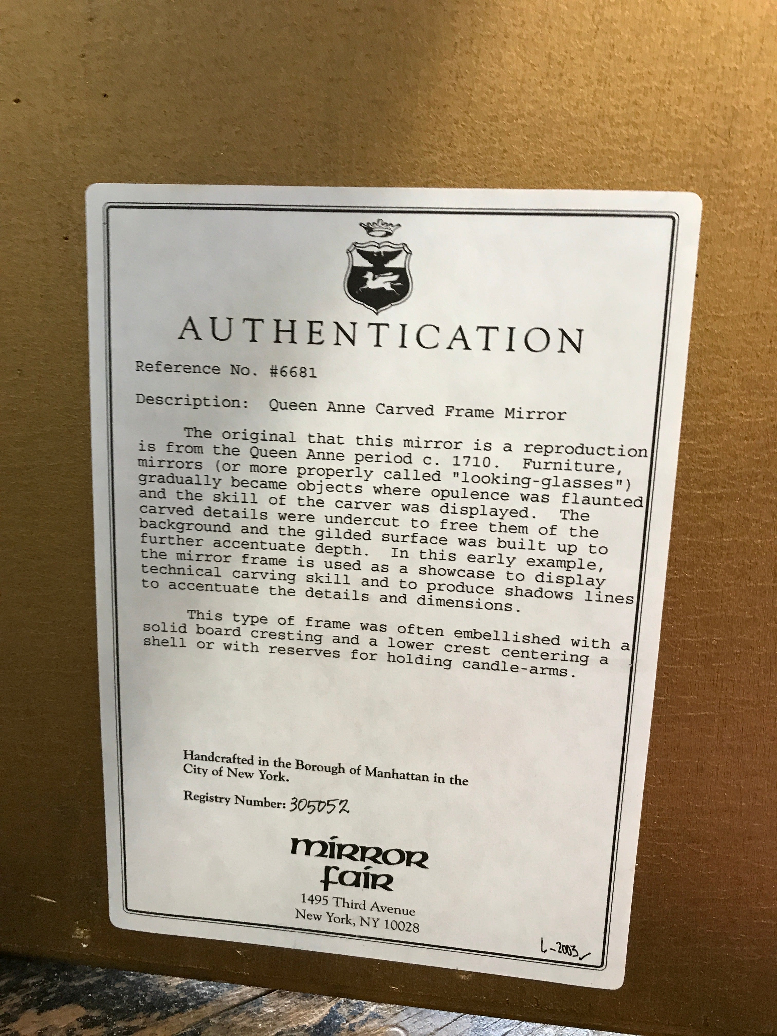 Queen Anne Carved Frame Mirror w Beveled Glass