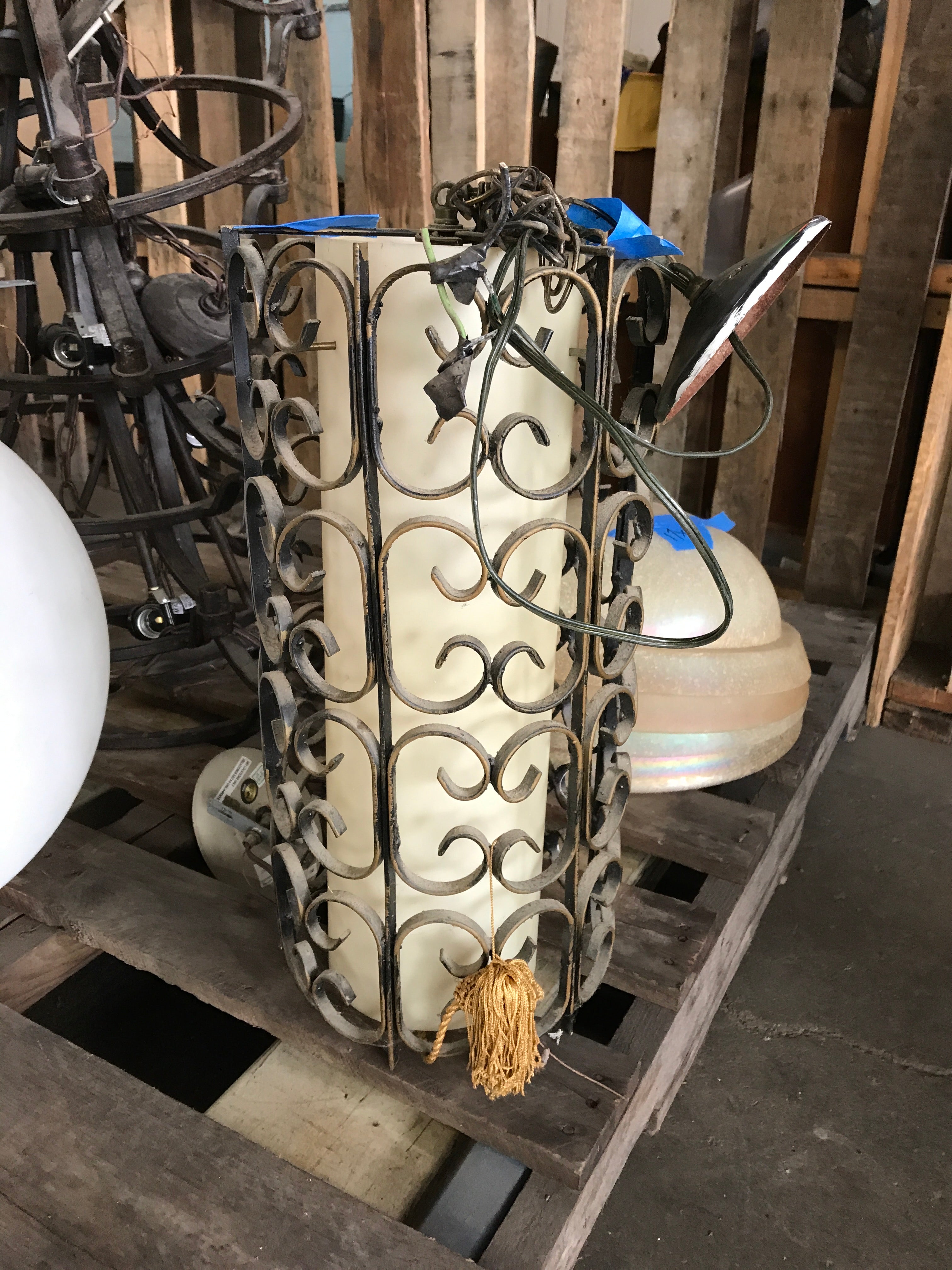 Pendant Light with Plastic Shade and Scroll Style Metal Exterior