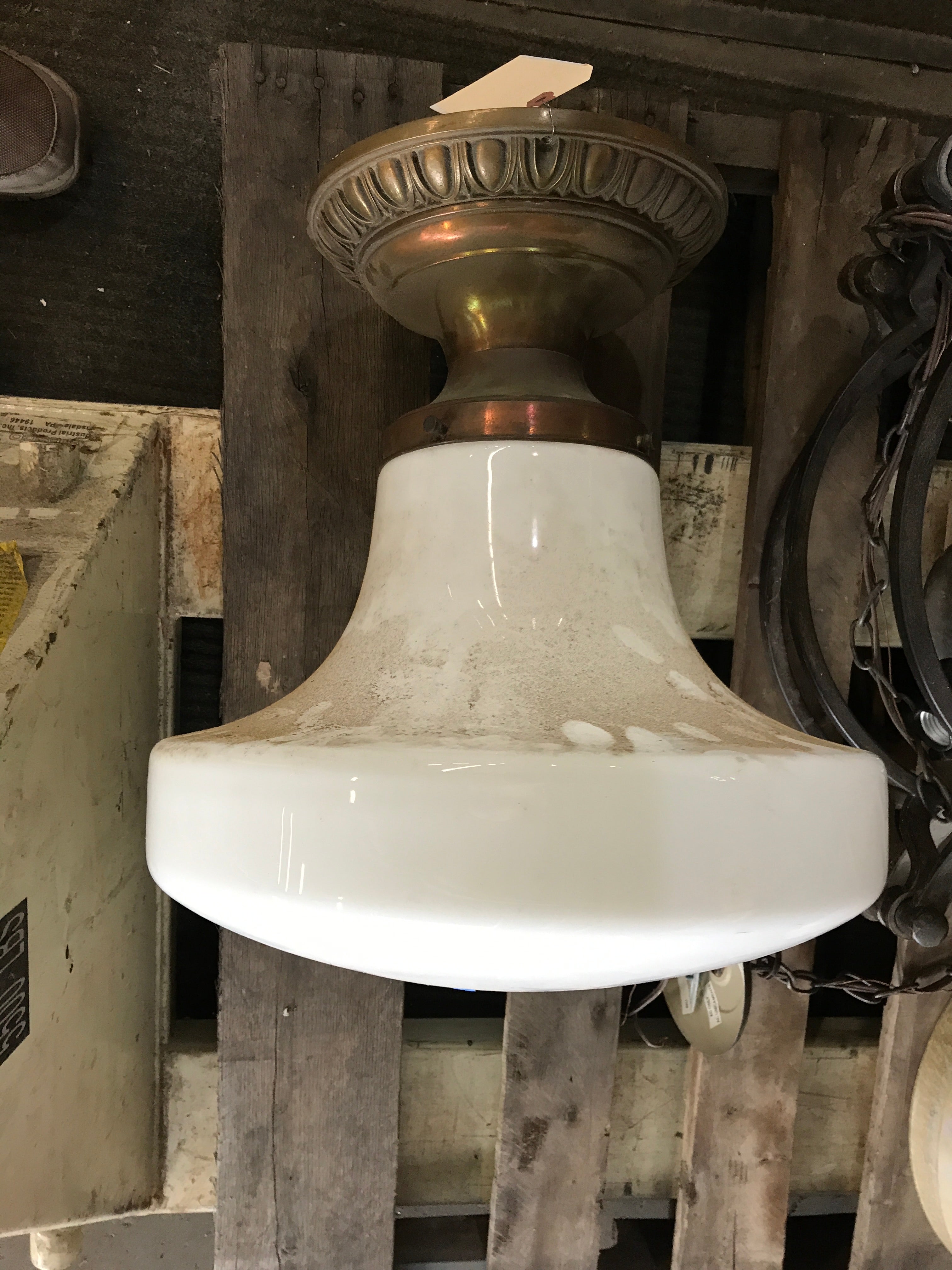 Brass Ceiling Mount Light Fixture with Large White Glass Globe