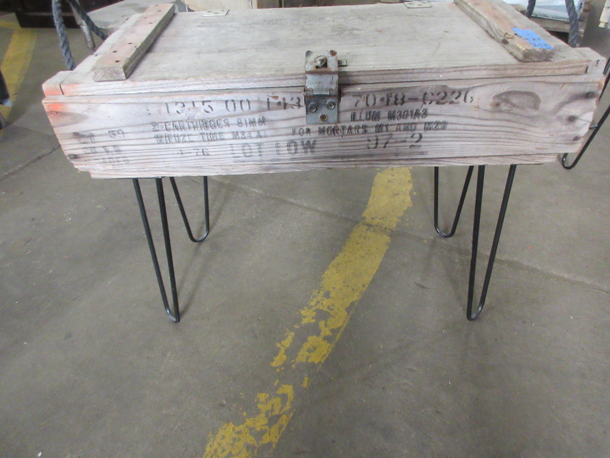 Coffee Table with Vintage Munition Box Top with Hairpin Legs
