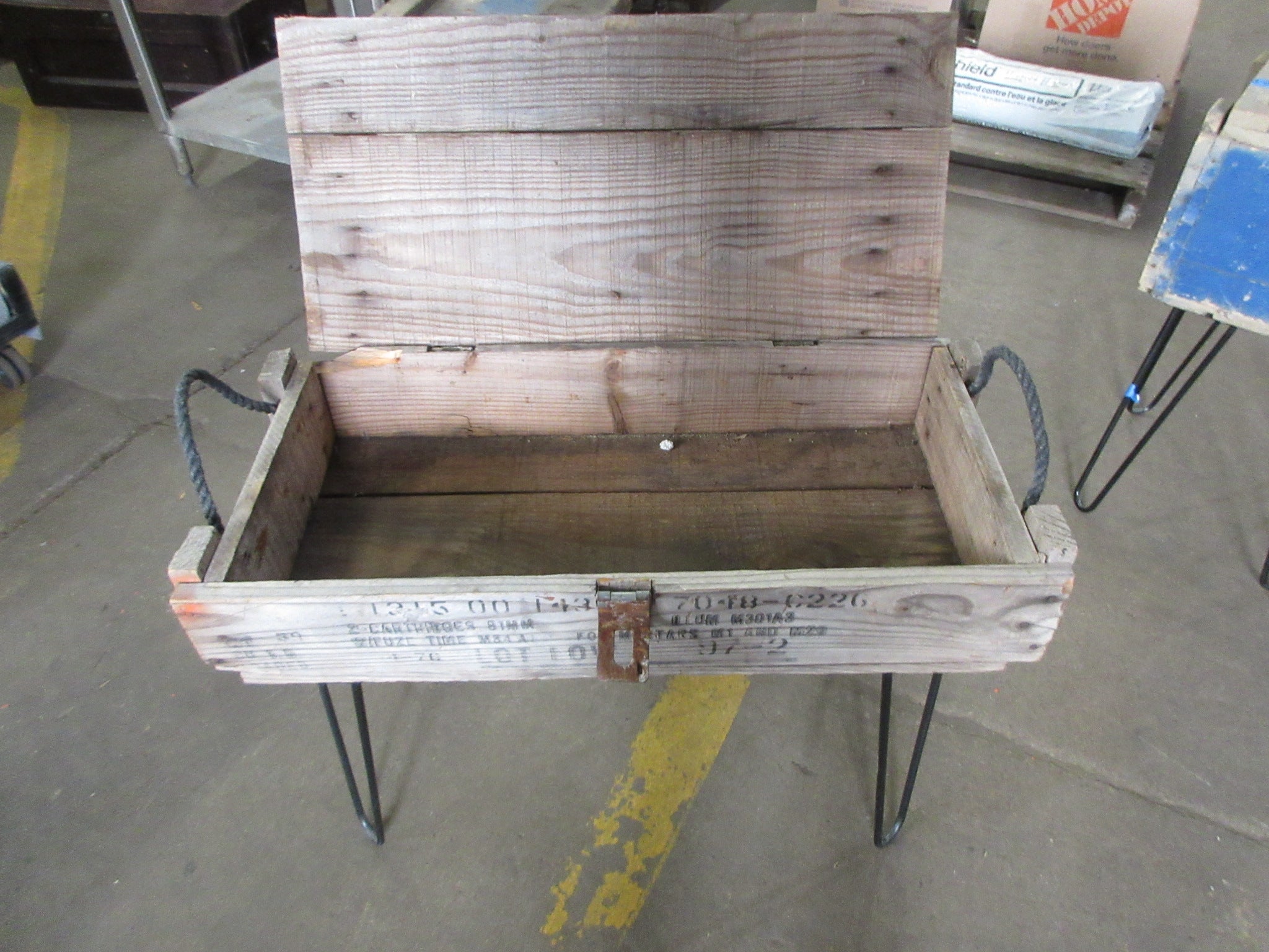 Coffee Table with Vintage Munition Box Top with Hairpin Legs