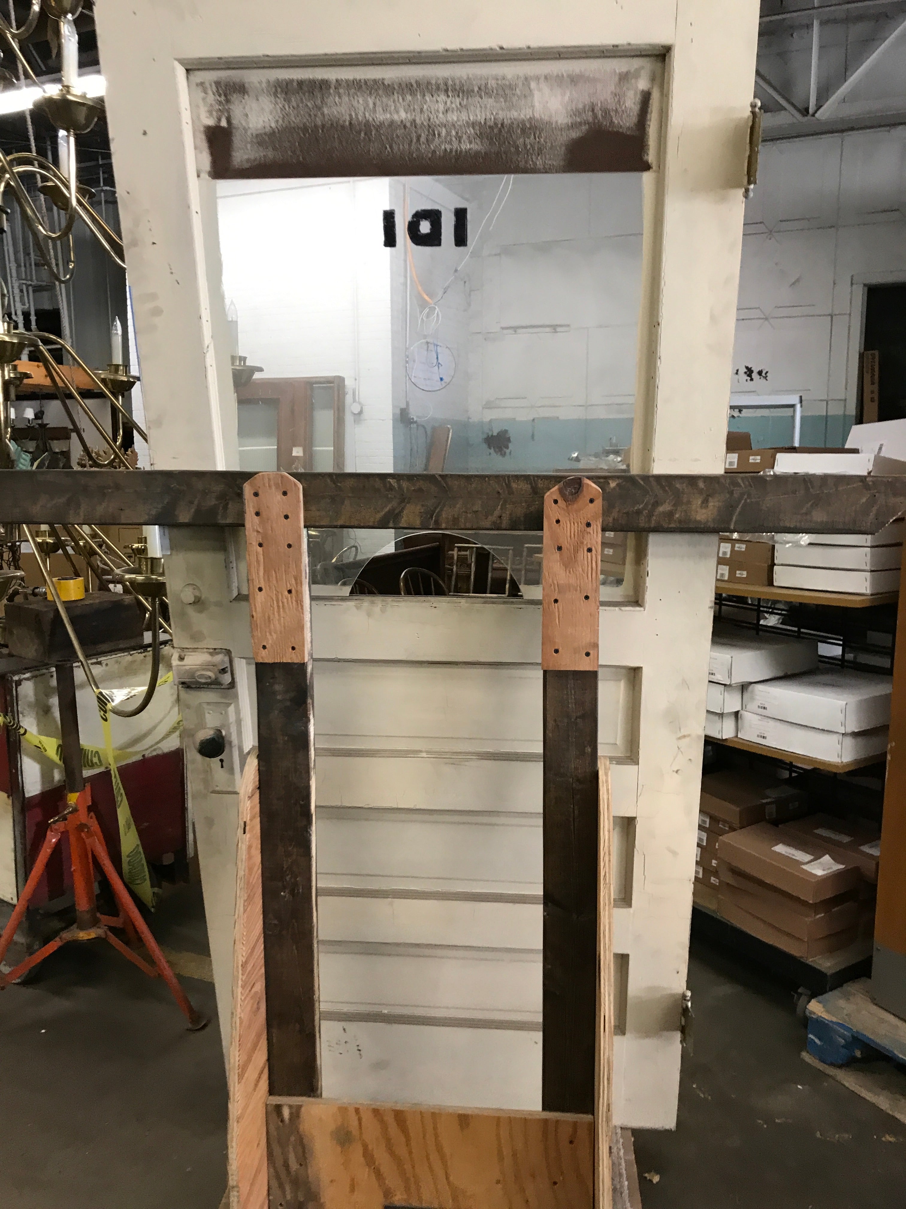 Antique Door With Glass Cut-Out for Cash or Tickets