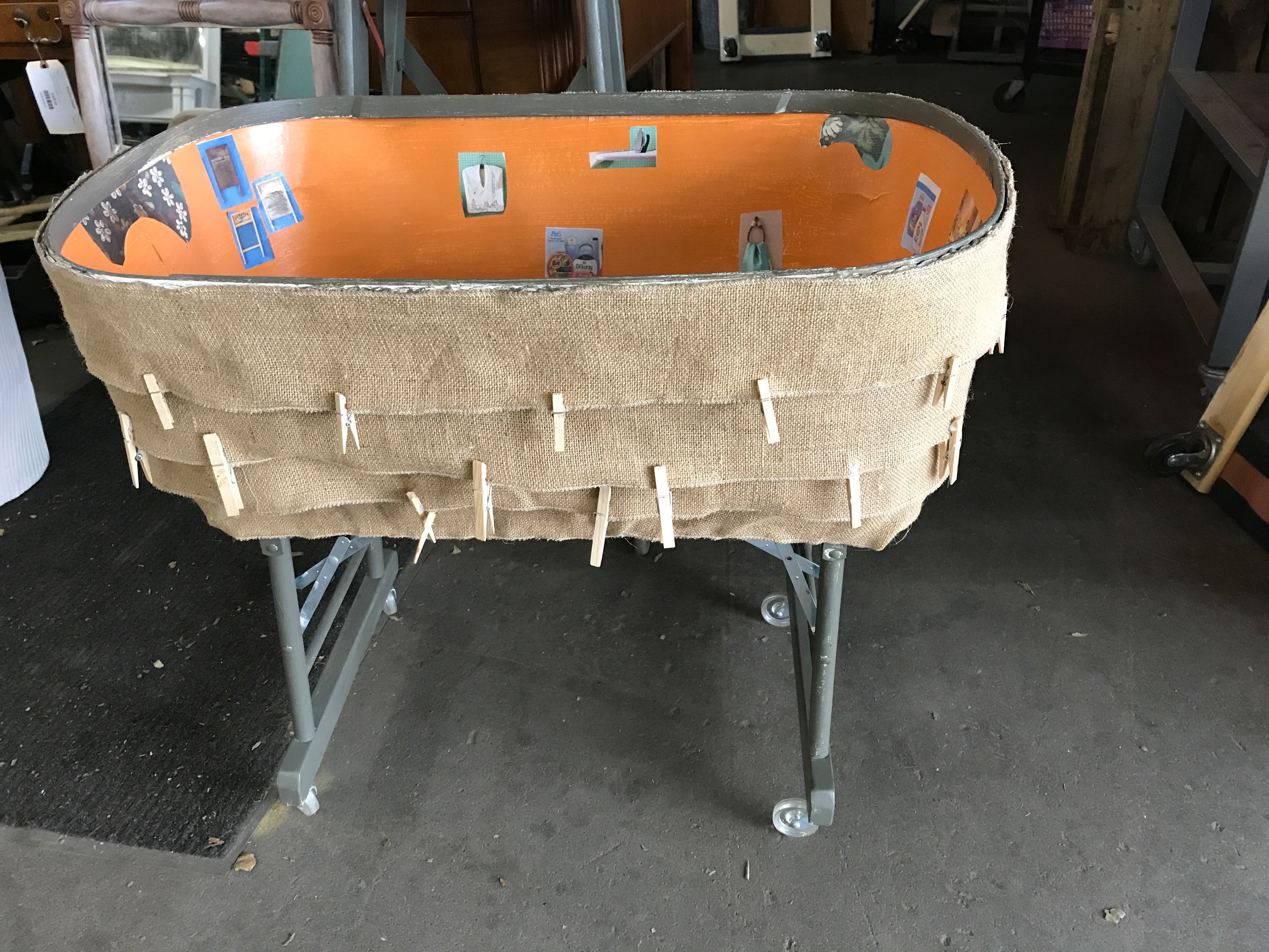 Repurposed Laundry Cart with Folding Legs