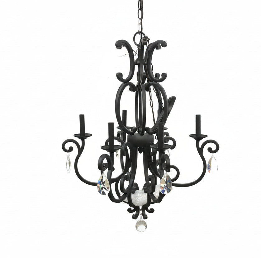 Large Black Wrought Iron 6-Light Chandelier with Crystal Drops – 36" H