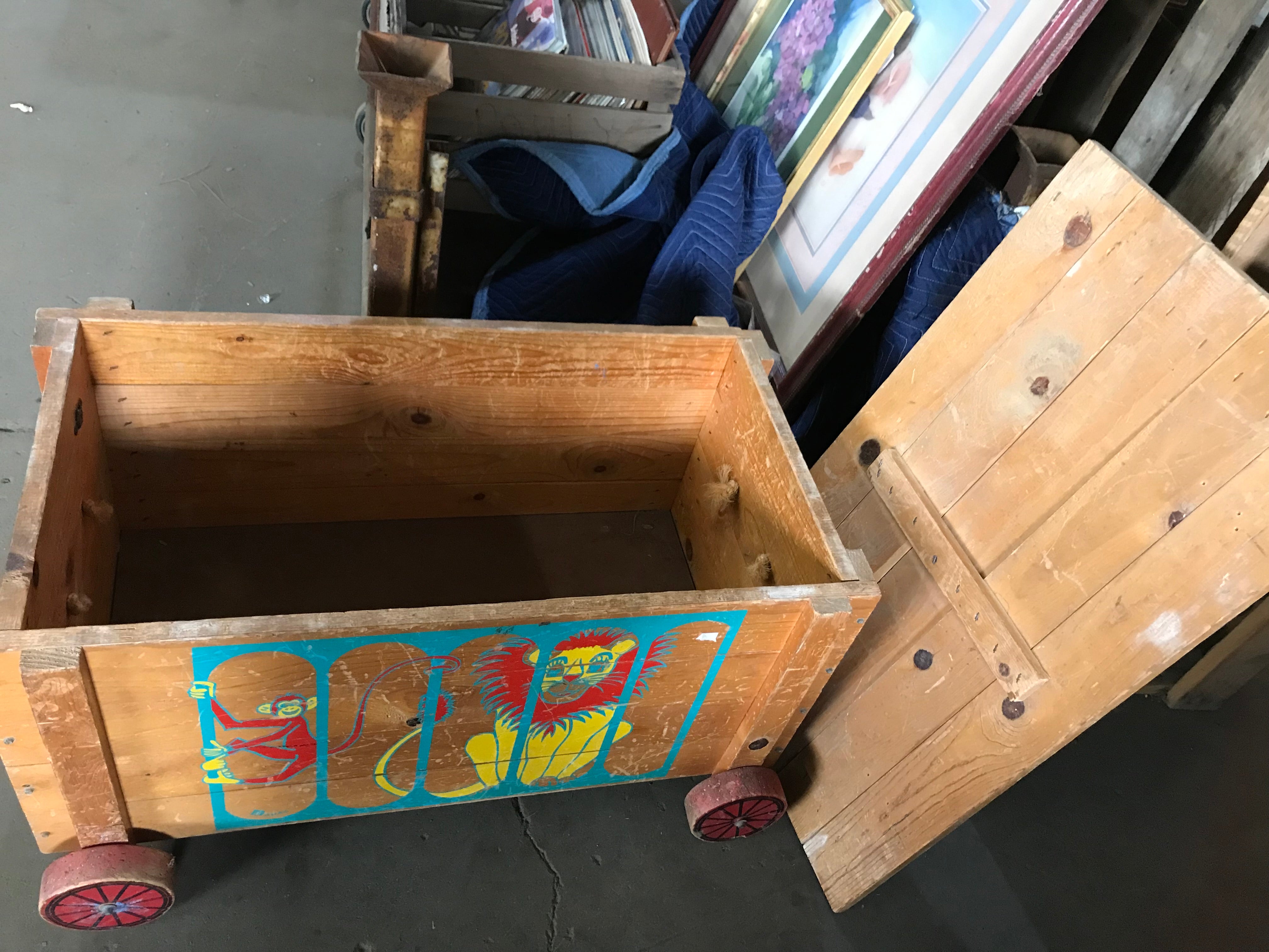 Vintage Wood 1940's Circus Toy Box with Wood Wheels