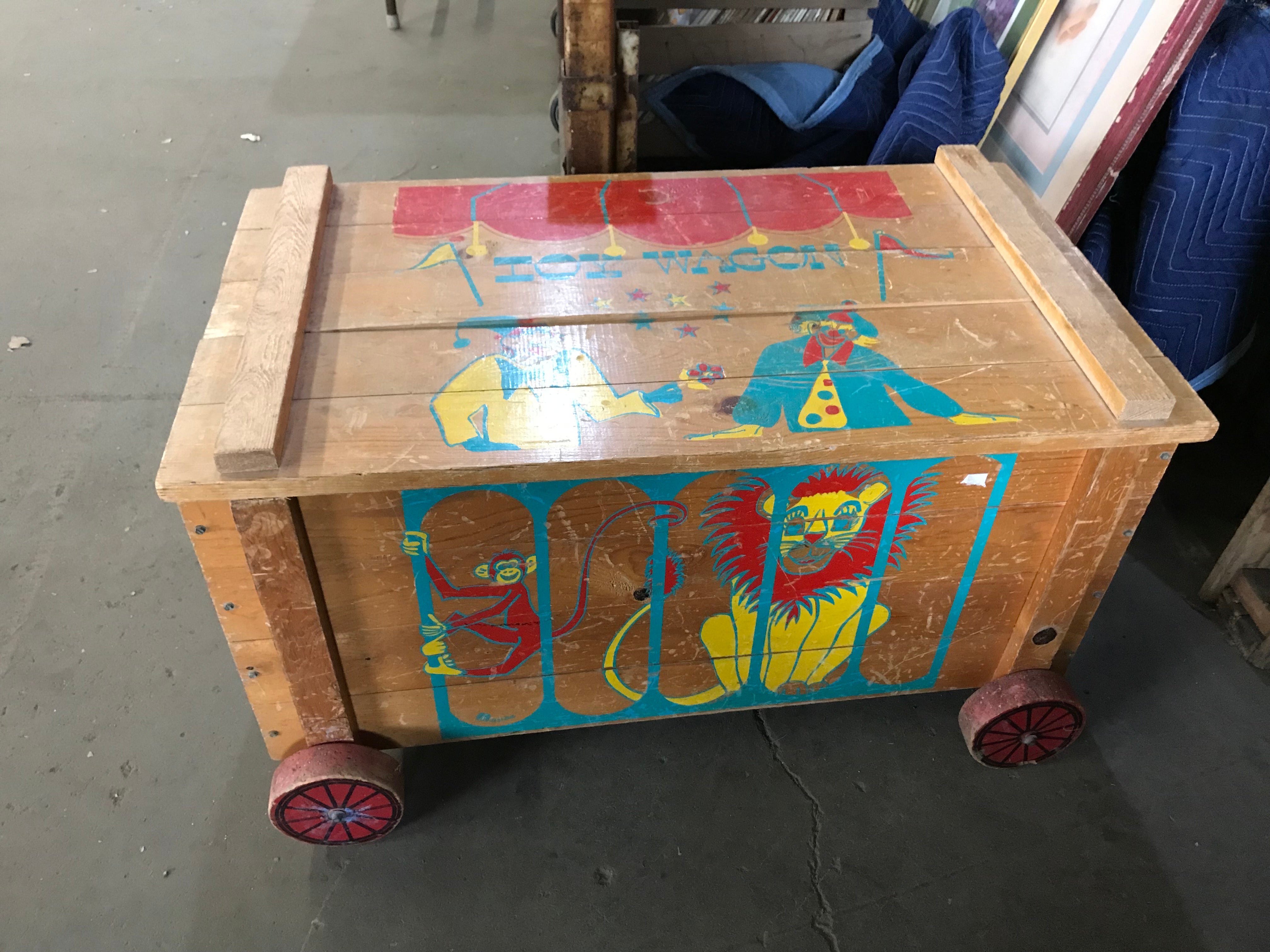 Vintage Wood 1940's Circus Toy Box with Wood Wheels