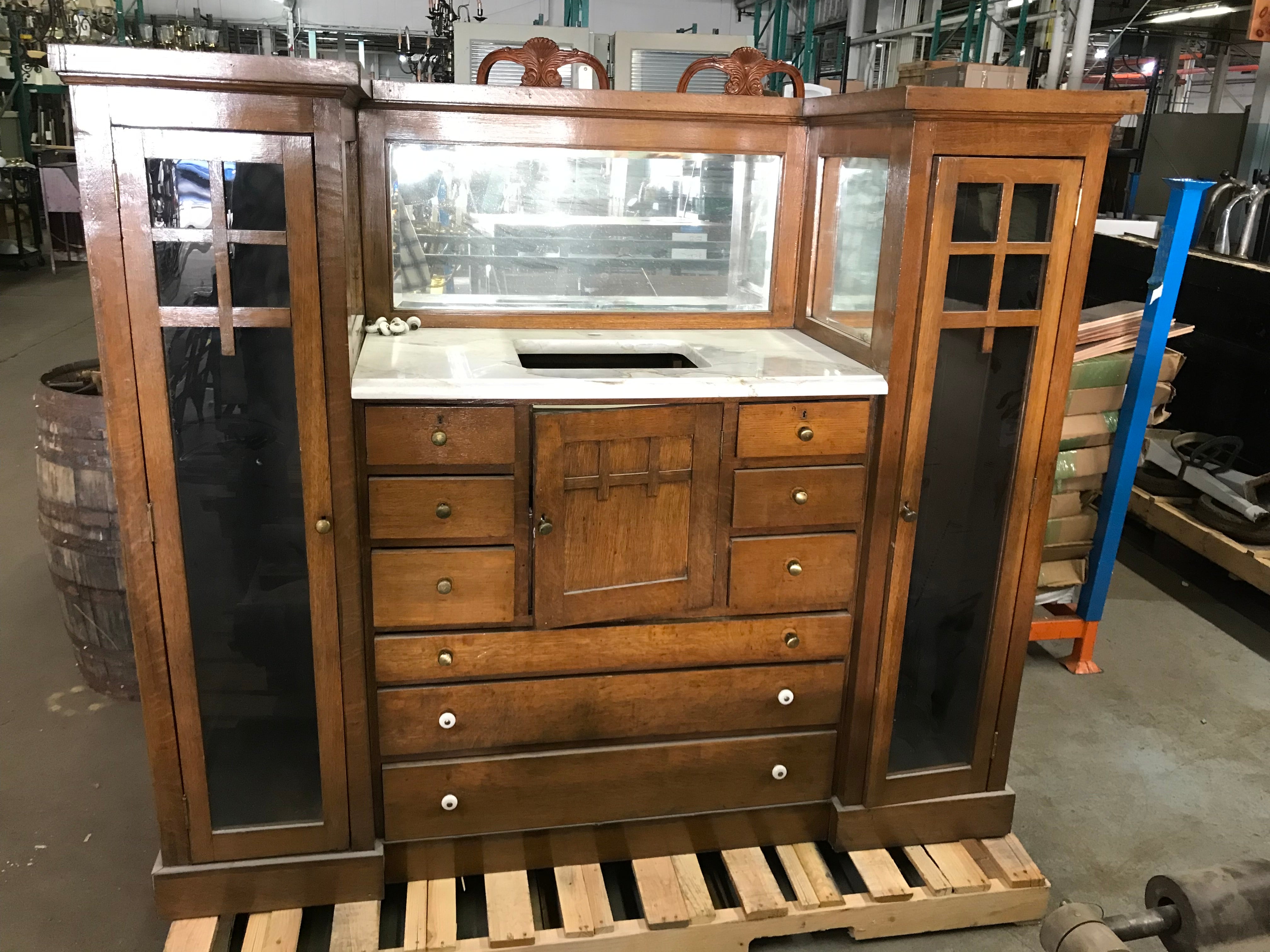 Victorian Oak Vintage Barber Shop Cabinet with Beveled Glass