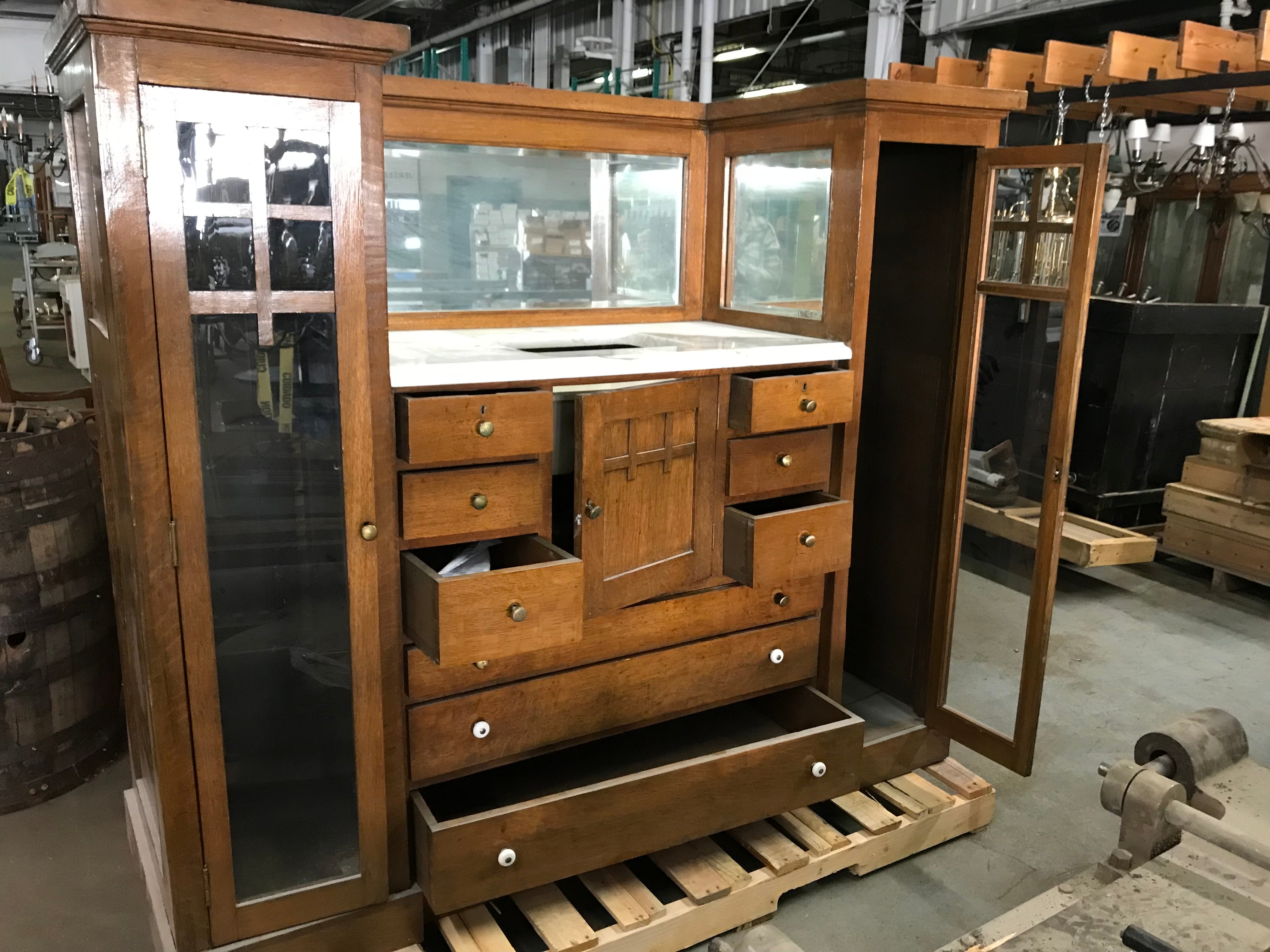 Victorian Oak Vintage Barber Shop Cabinet with Beveled Glass