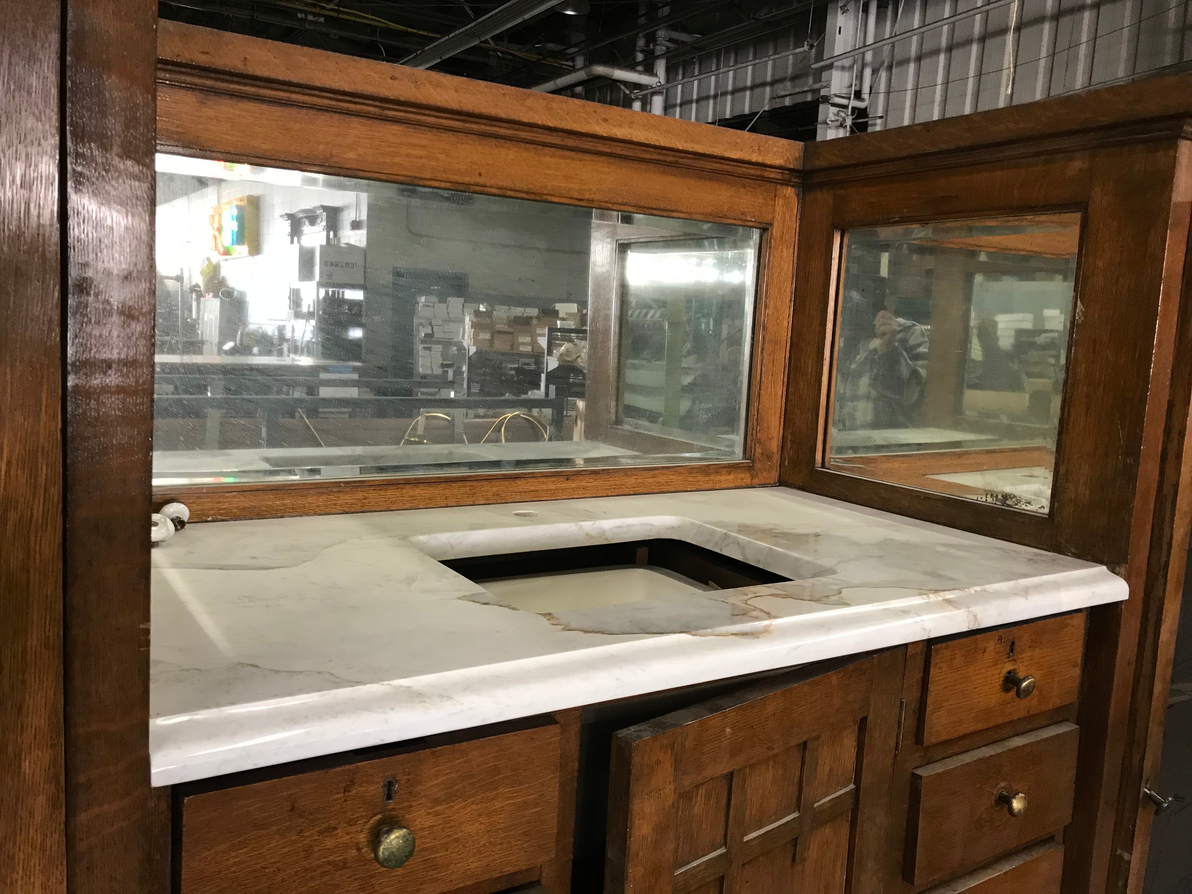 Victorian Oak Vintage Barber Shop Cabinet with Beveled Glass
