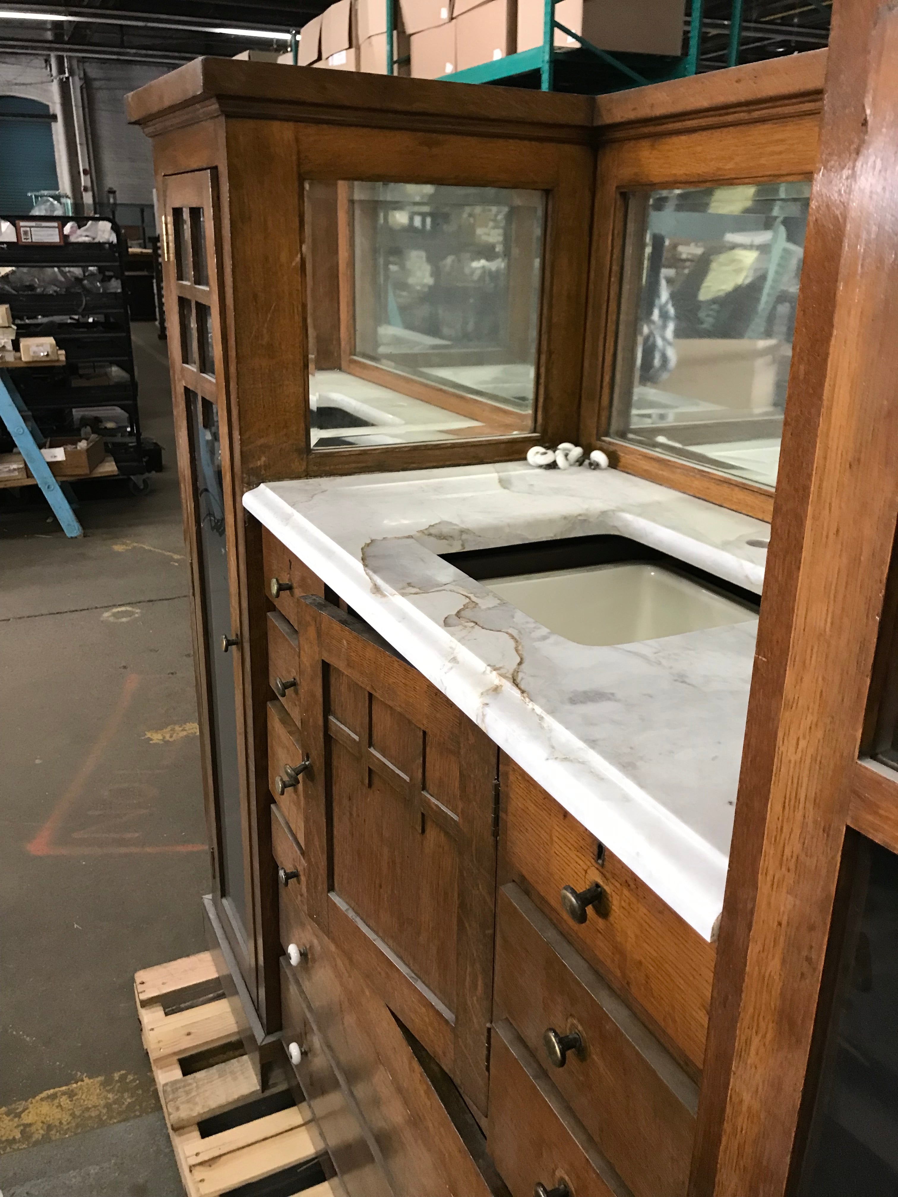 Victorian Oak Vintage Barber Shop Cabinet with Beveled Glass