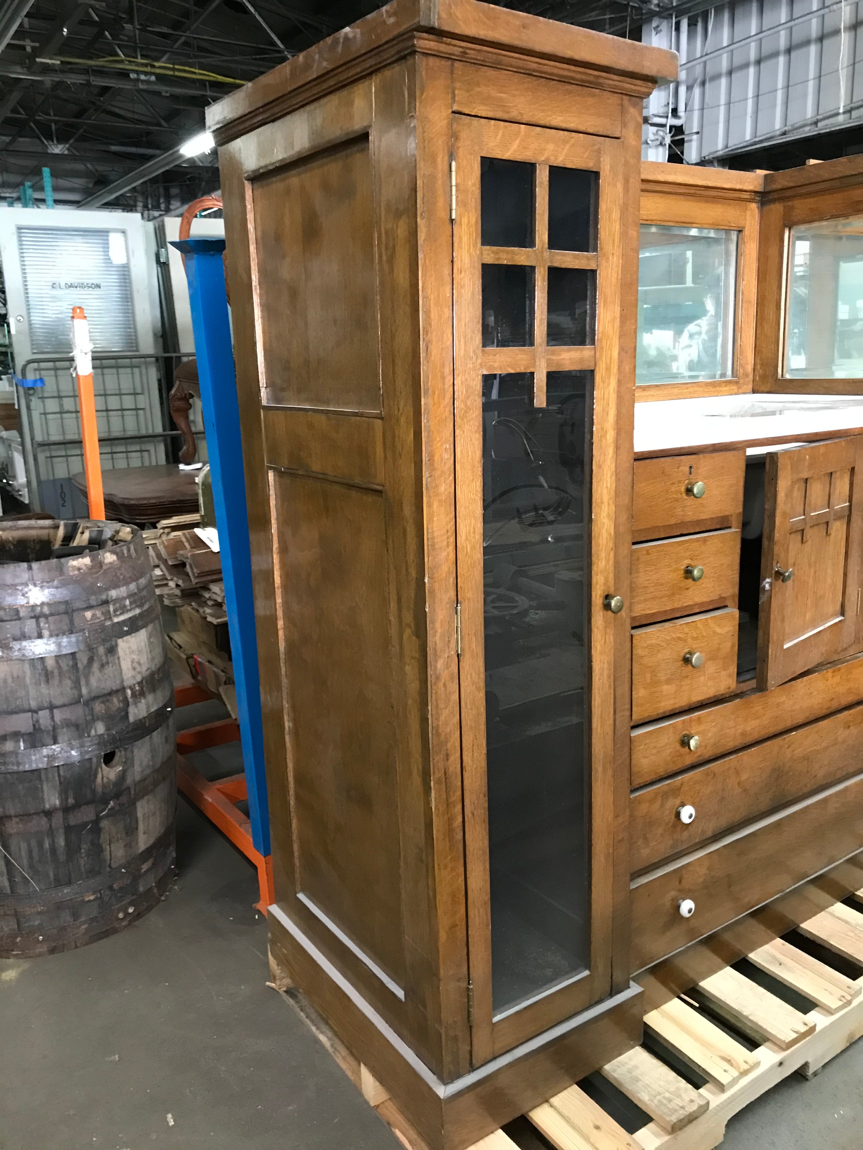 Victorian Oak Vintage Barber Shop Cabinet with Beveled Glass