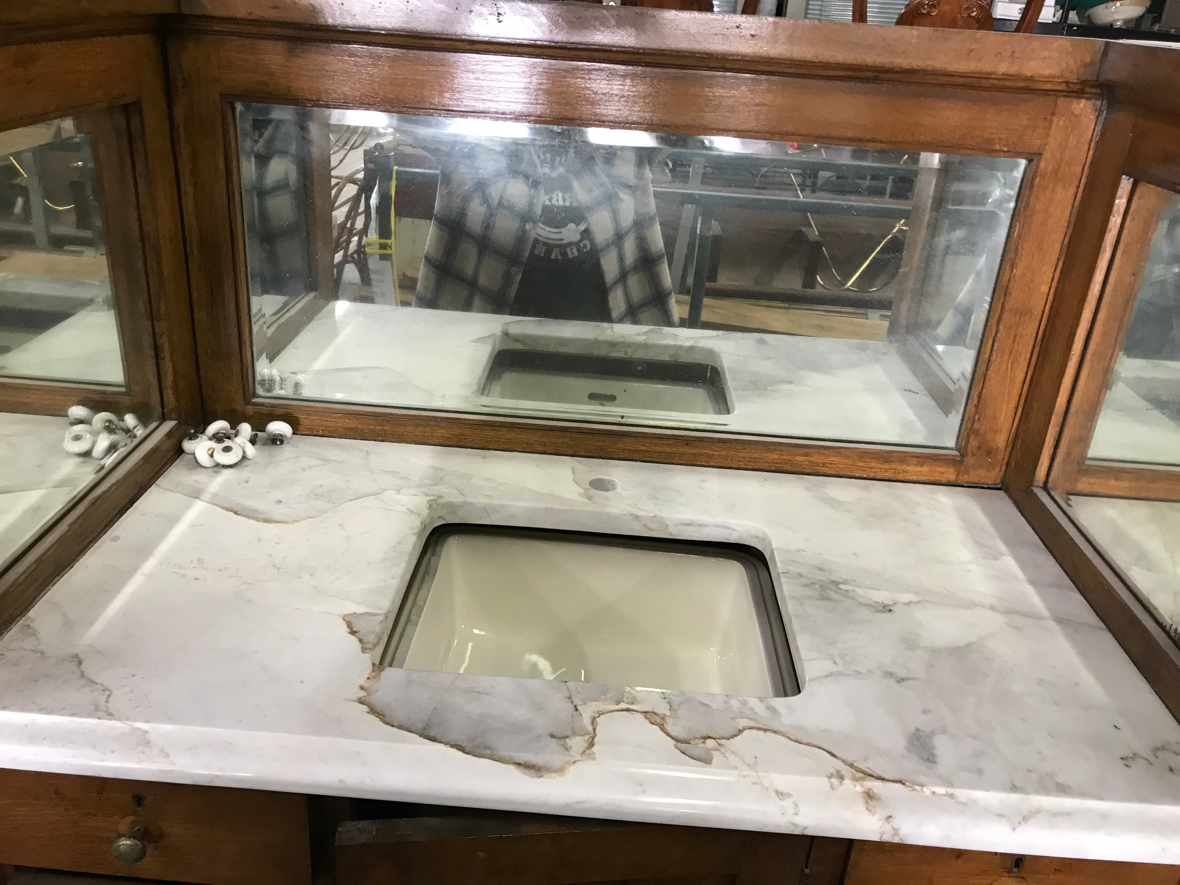 Victorian Oak Vintage Barber Shop Cabinet with Beveled Glass