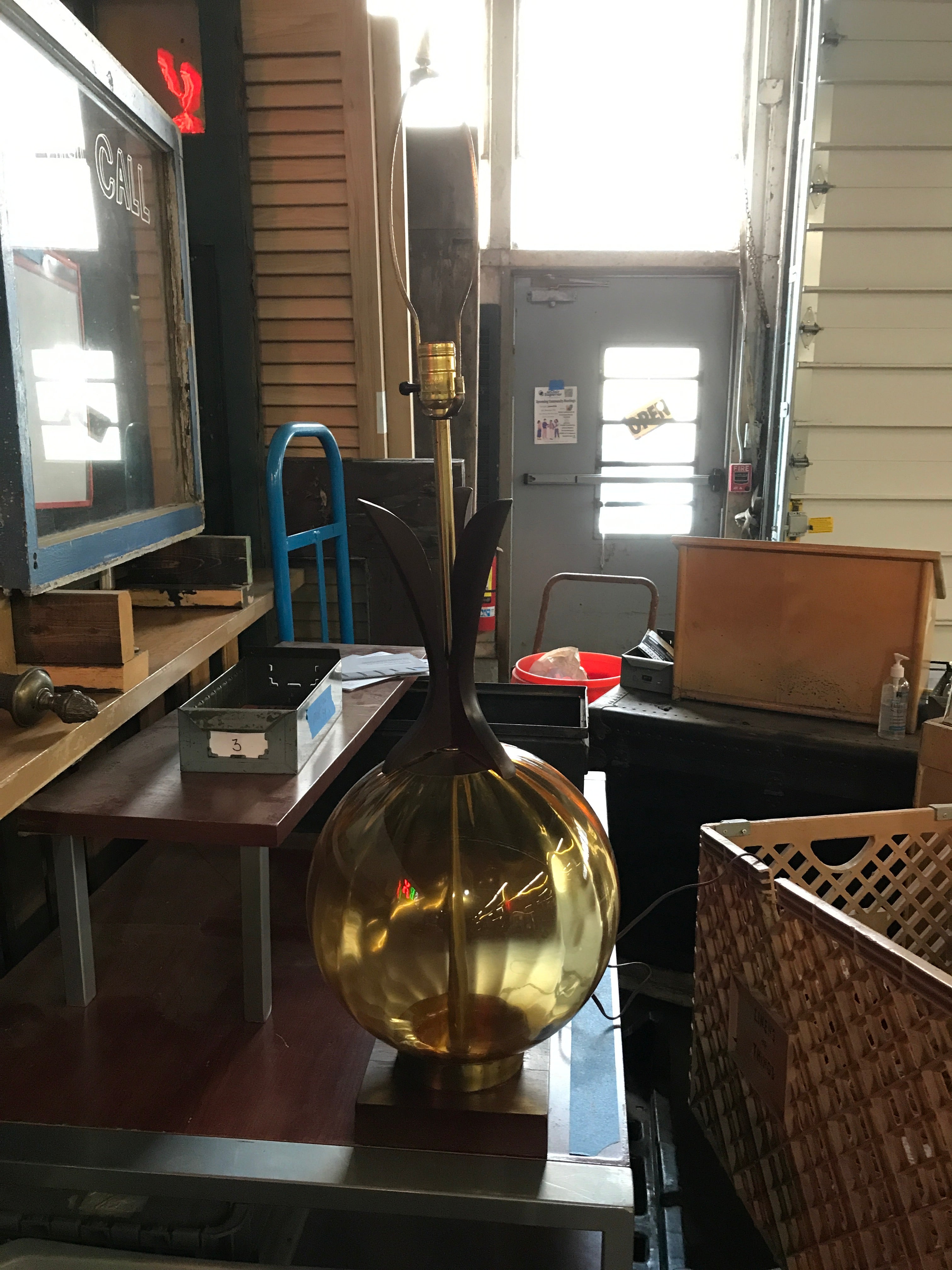 Mid Century Table Lamp with  Optical Amber Glass Globe - Wood Base