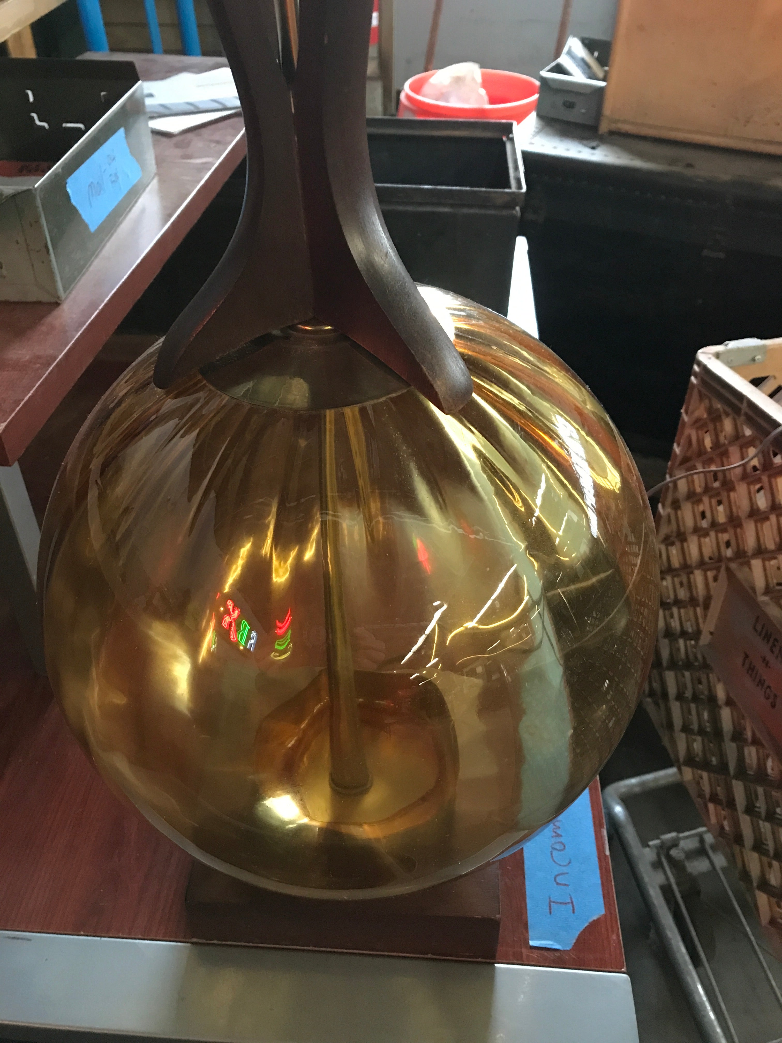 Mid Century Table Lamp with  Optical Amber Glass Globe - Wood Base