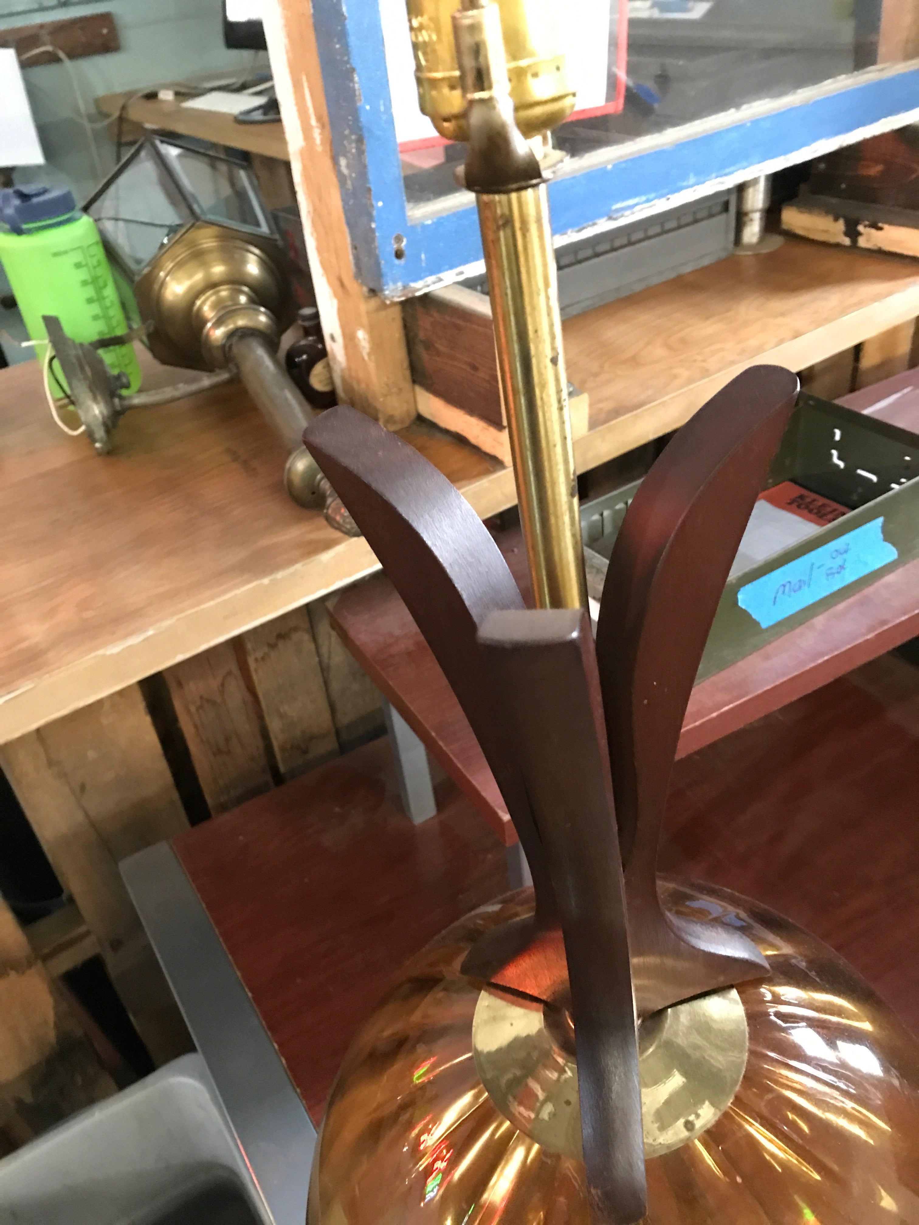 Mid Century Table Lamp with  Optical Amber Glass Globe - Wood Base