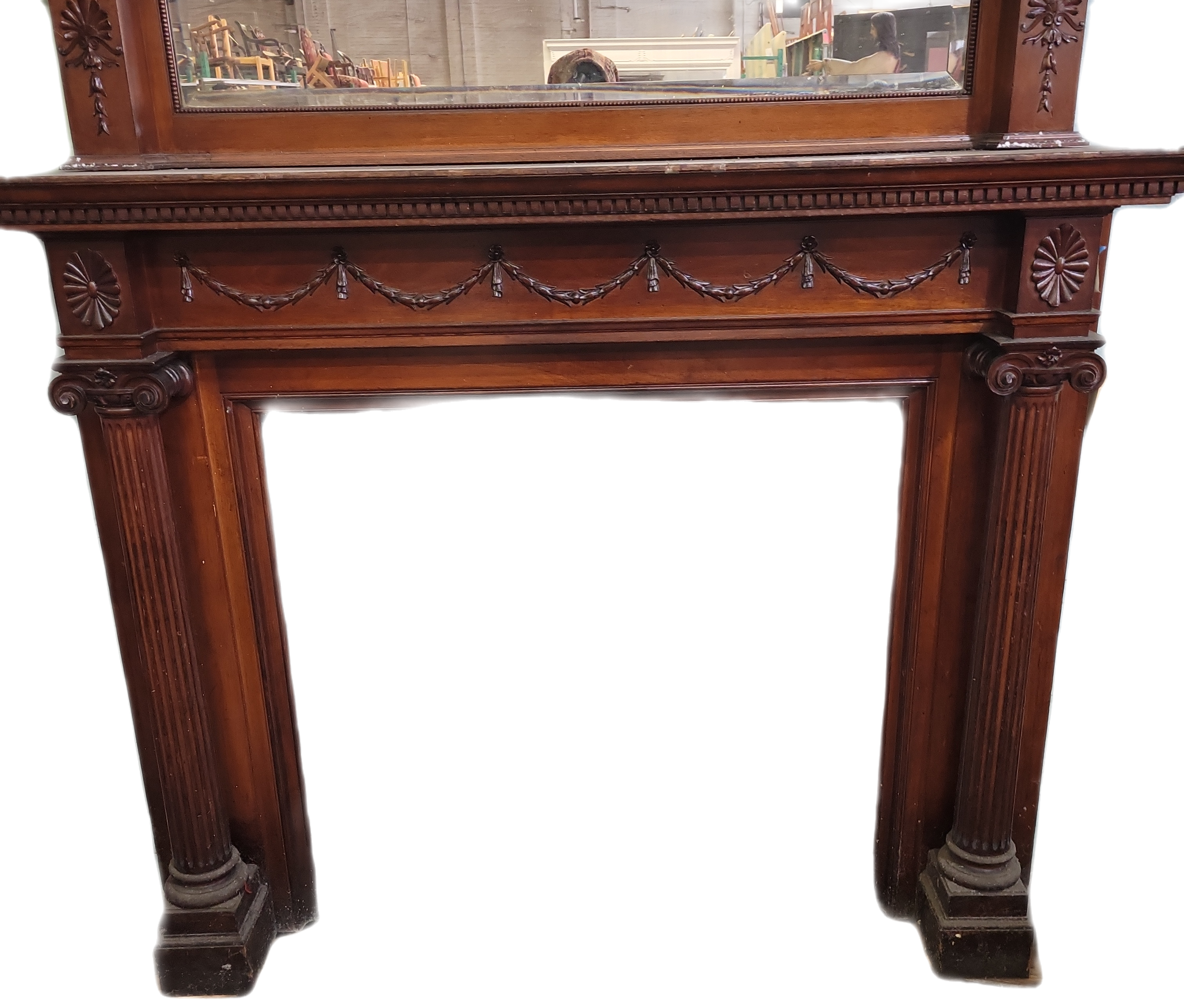 Gorgeous Wooden Carved Mantle  w/ Beveled Glass 2-Pieces
