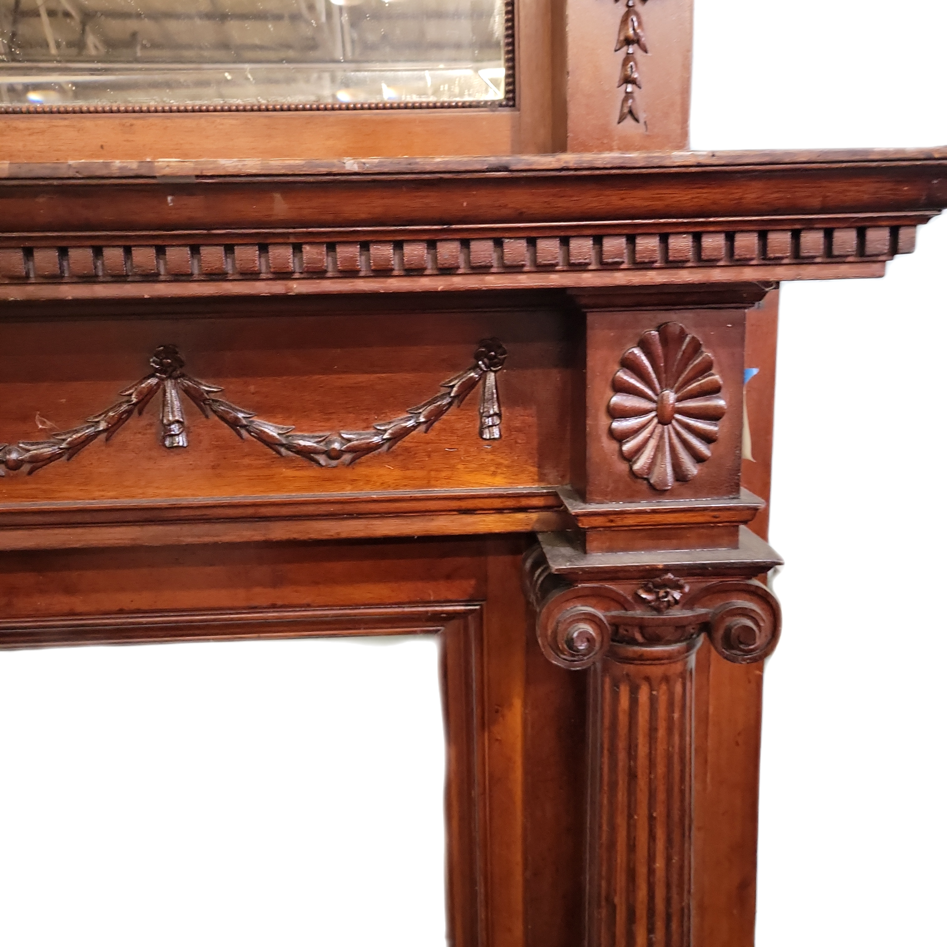 Gorgeous Wooden Carved Mantle  w/ Beveled Glass 2-Pieces