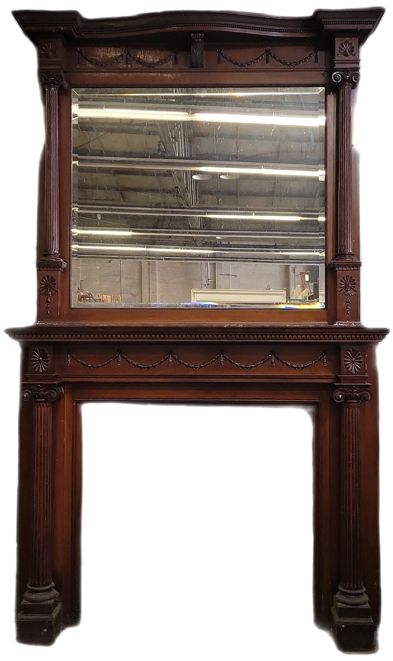 Gorgeous Wooden Carved Mantle  w/ Beveled Glass 2-Pieces