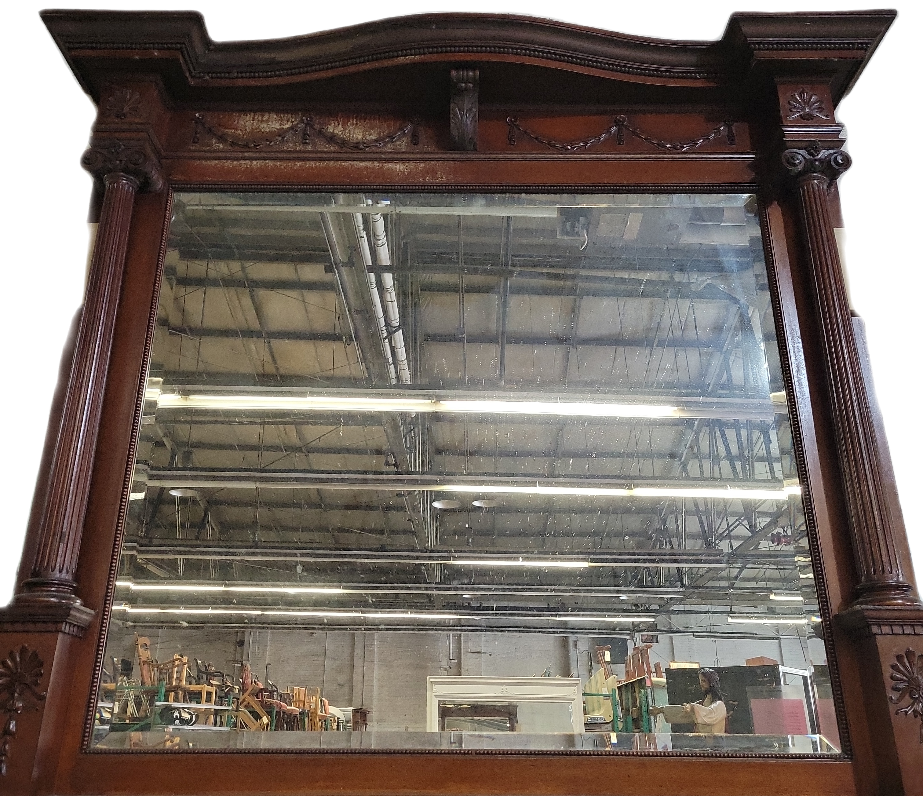 Gorgeous Wooden Carved Mantle  w/ Beveled Glass 2-Pieces