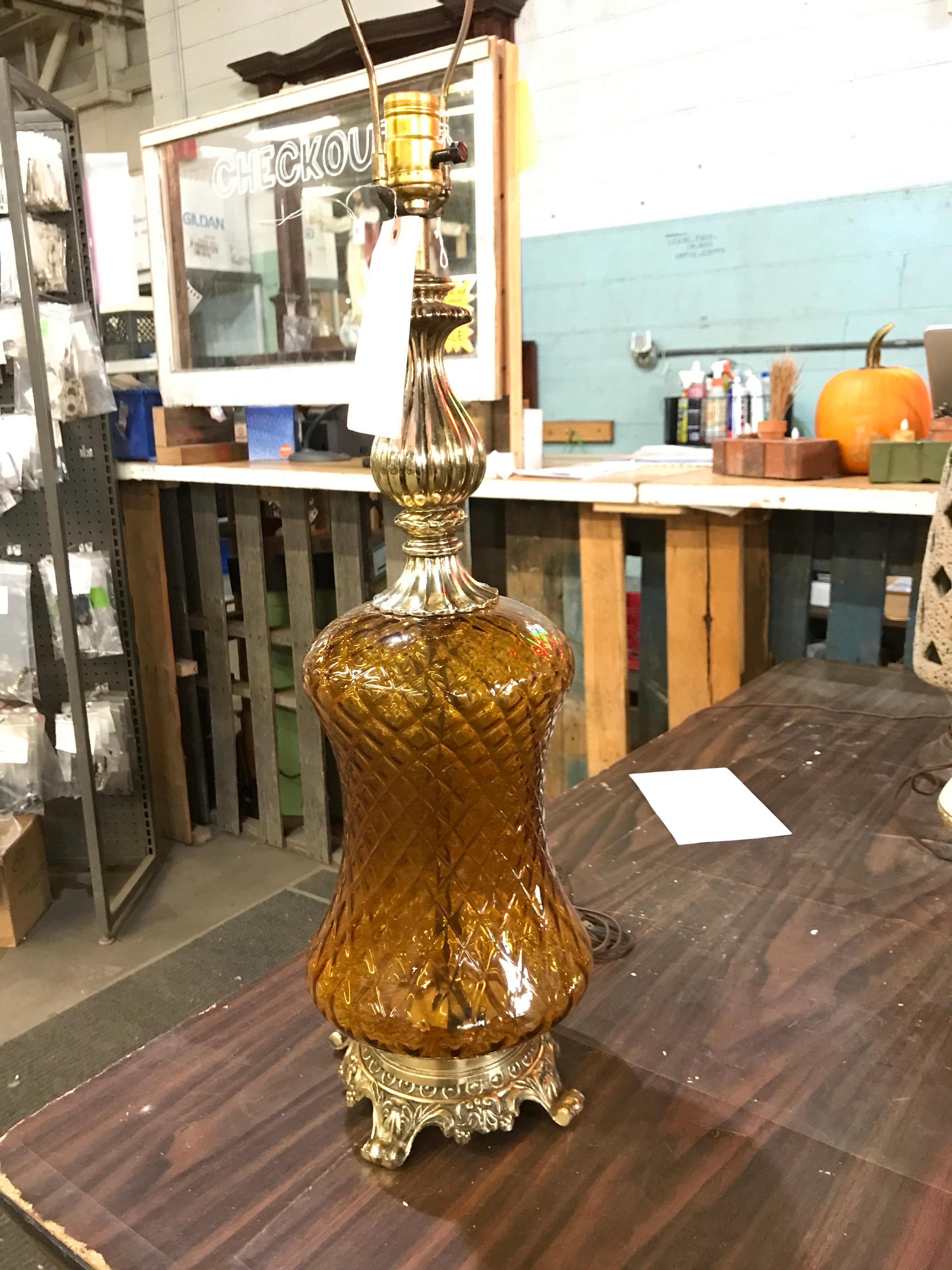 Amber Glass & Brass MCM Table Lamp