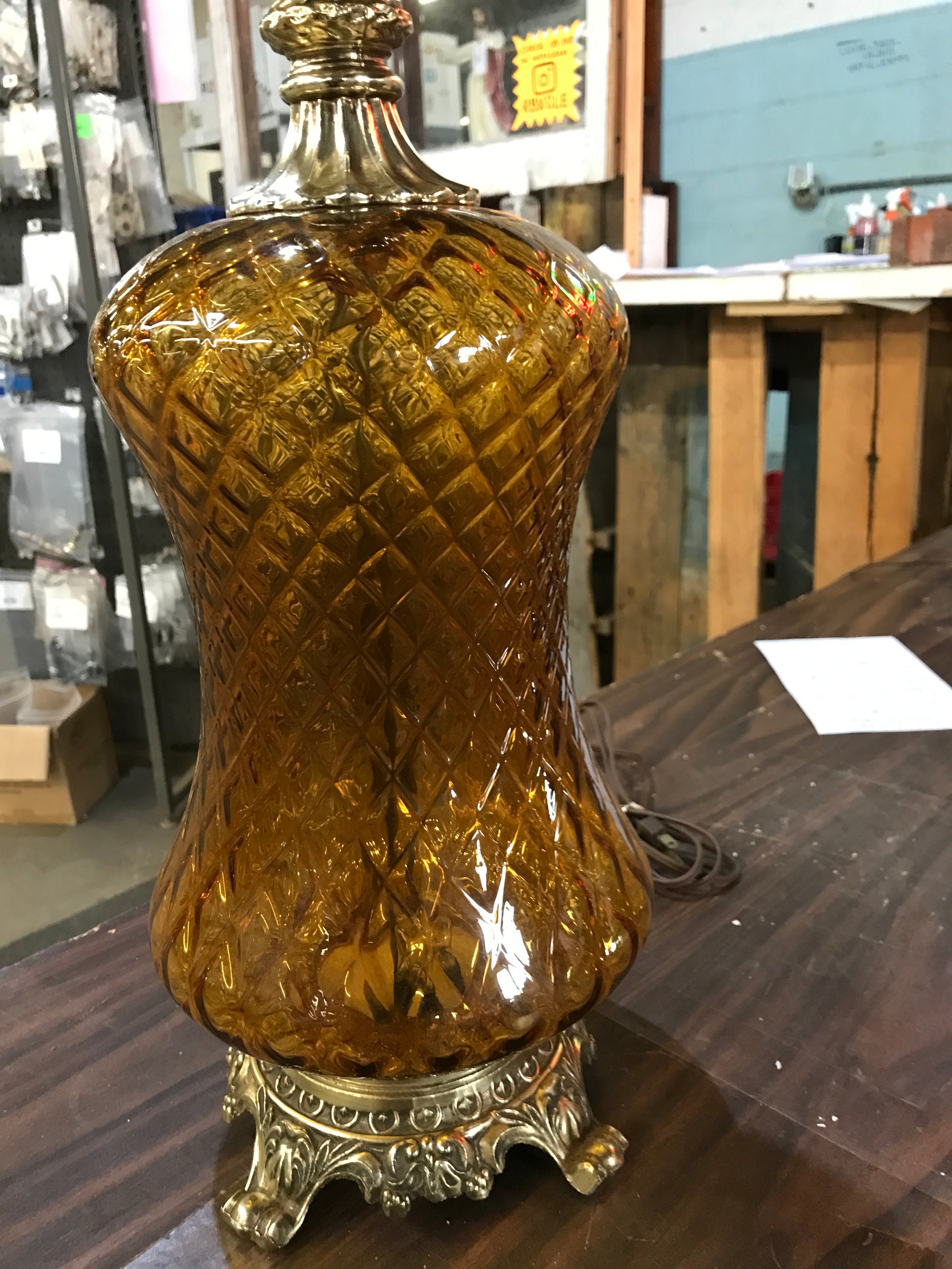 Amber Glass & Brass MCM Table Lamp
