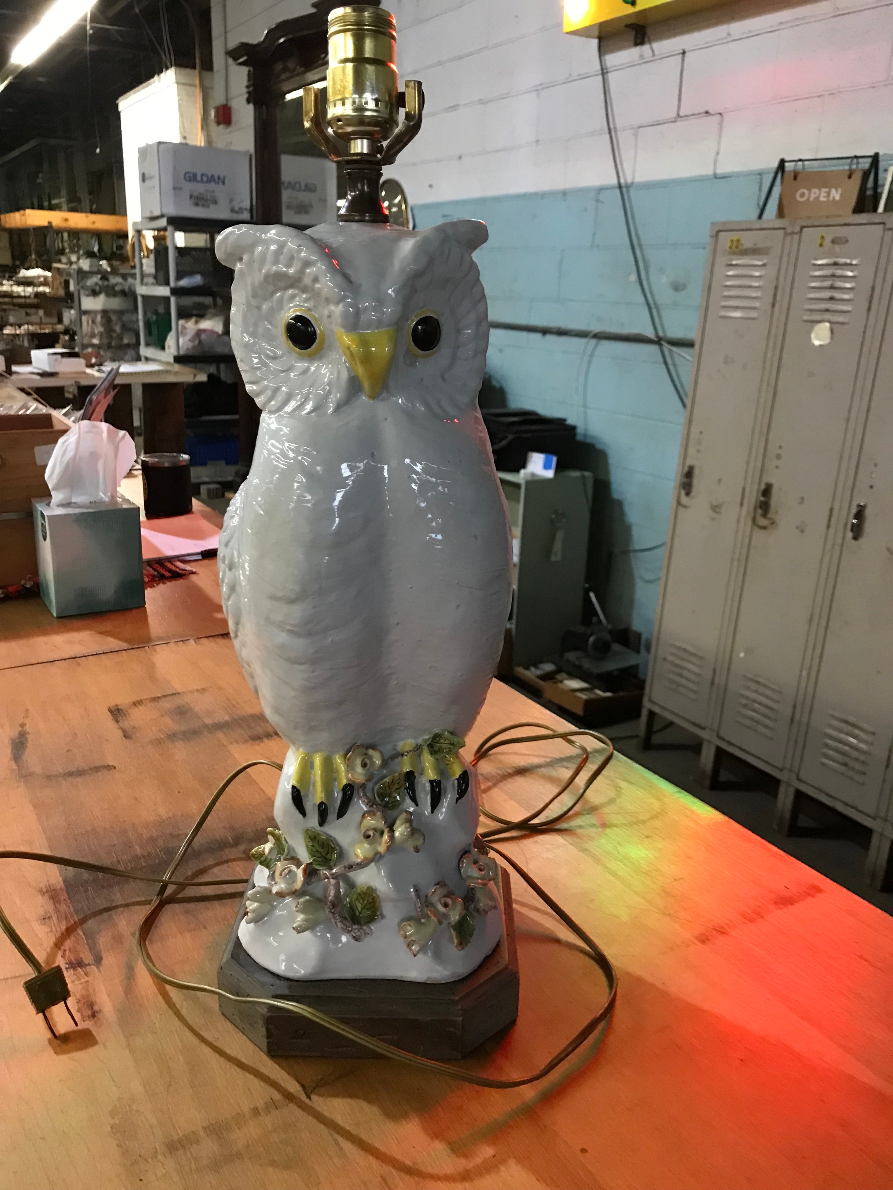 Vintage White Glazed Terracotta Owl Table Lamp