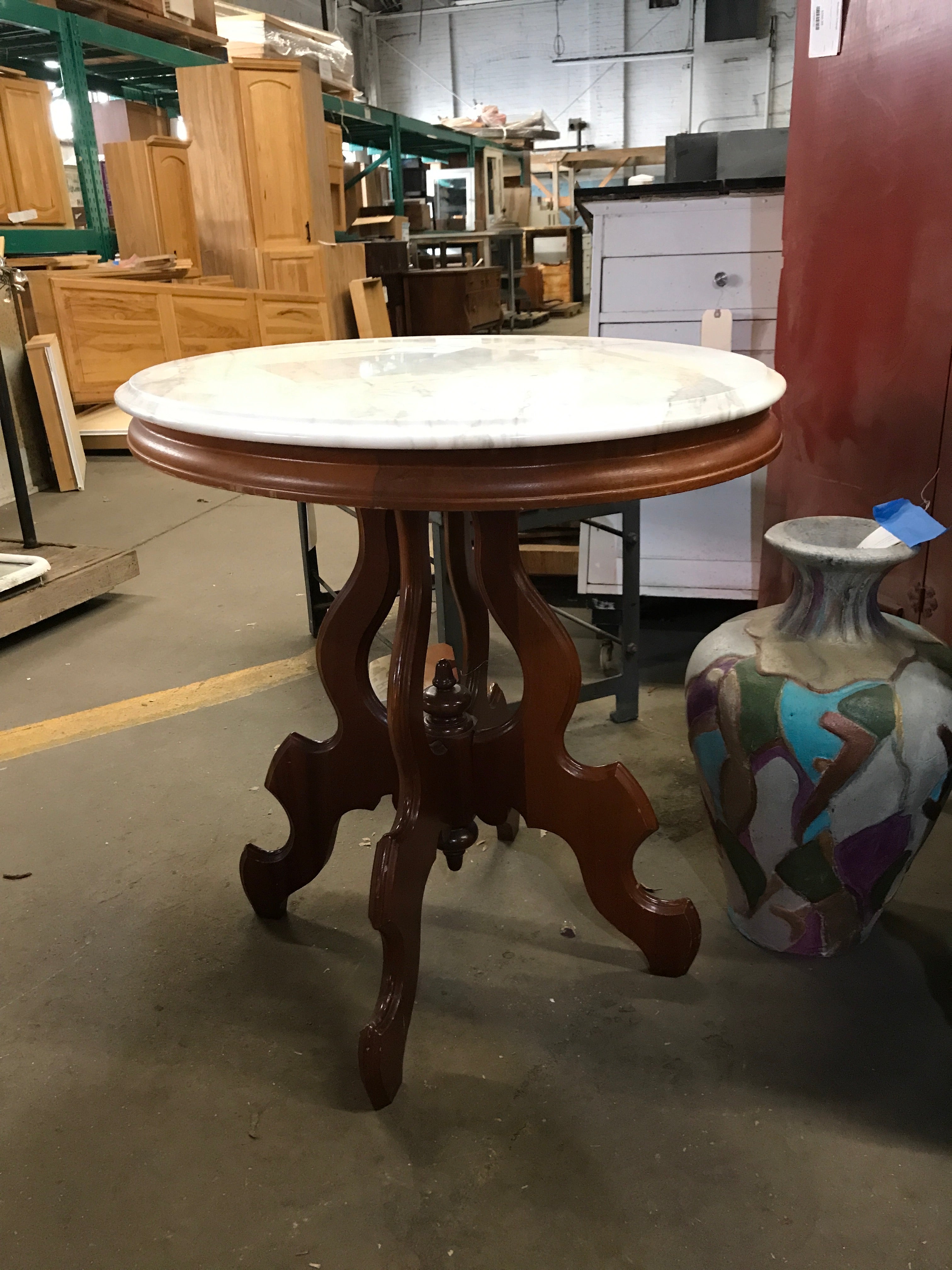 Carved Wooden Base Side Table with Beveled Oval Marble
