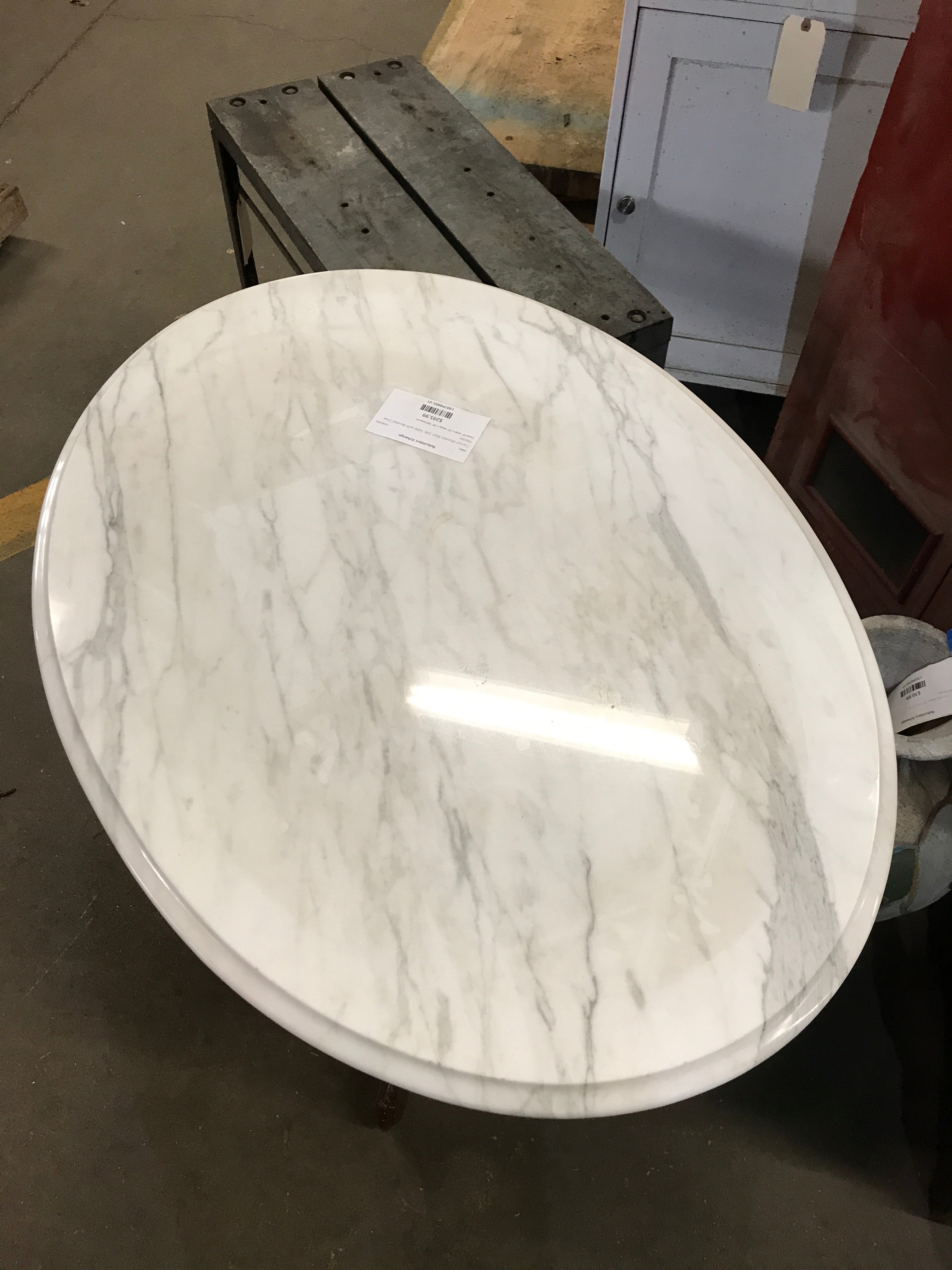 Carved Wooden Base Side Table with Beveled Oval Marble