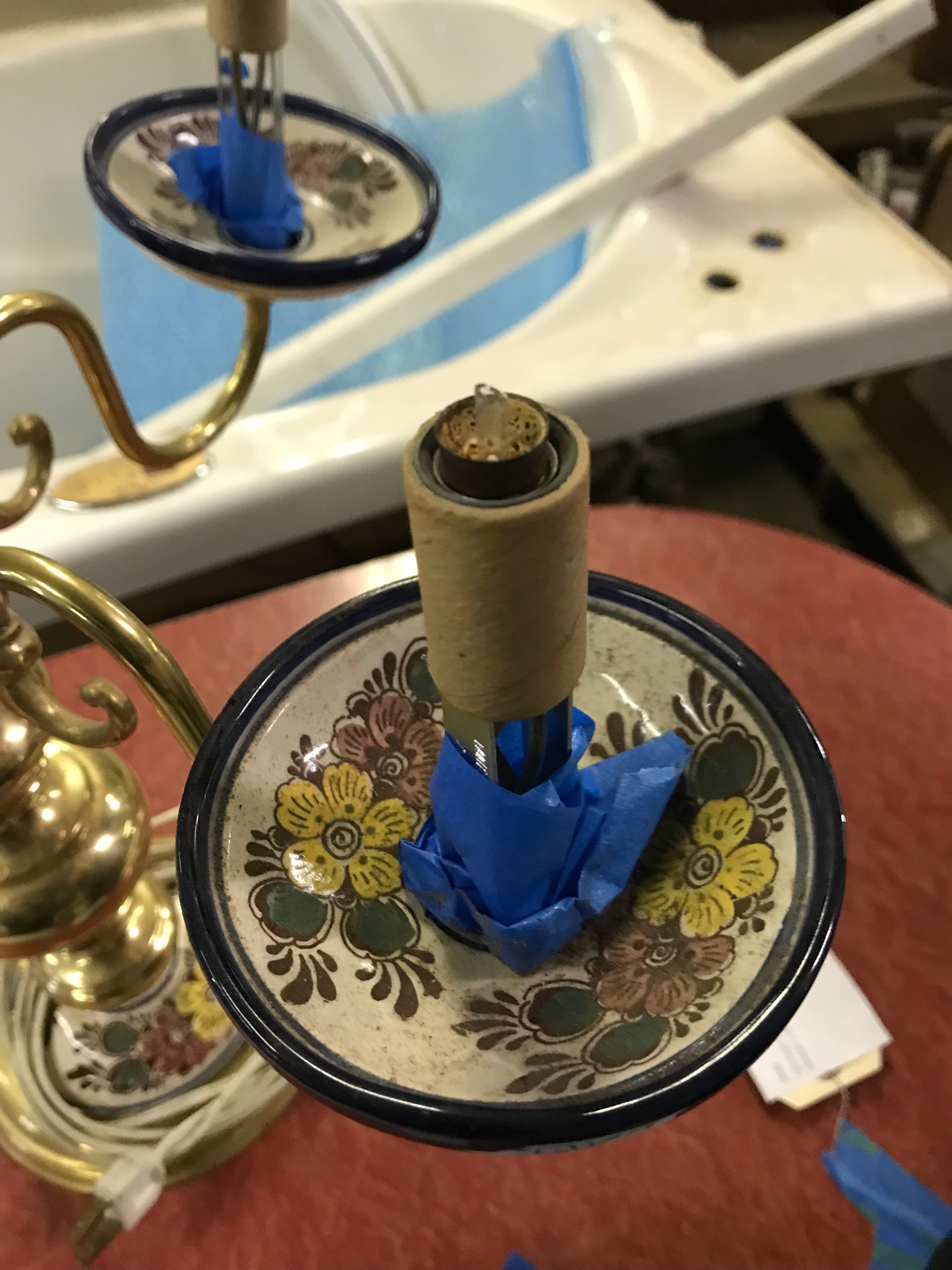 Table Lamp Brass with 5 candelabra light and Ceramic Painted Features