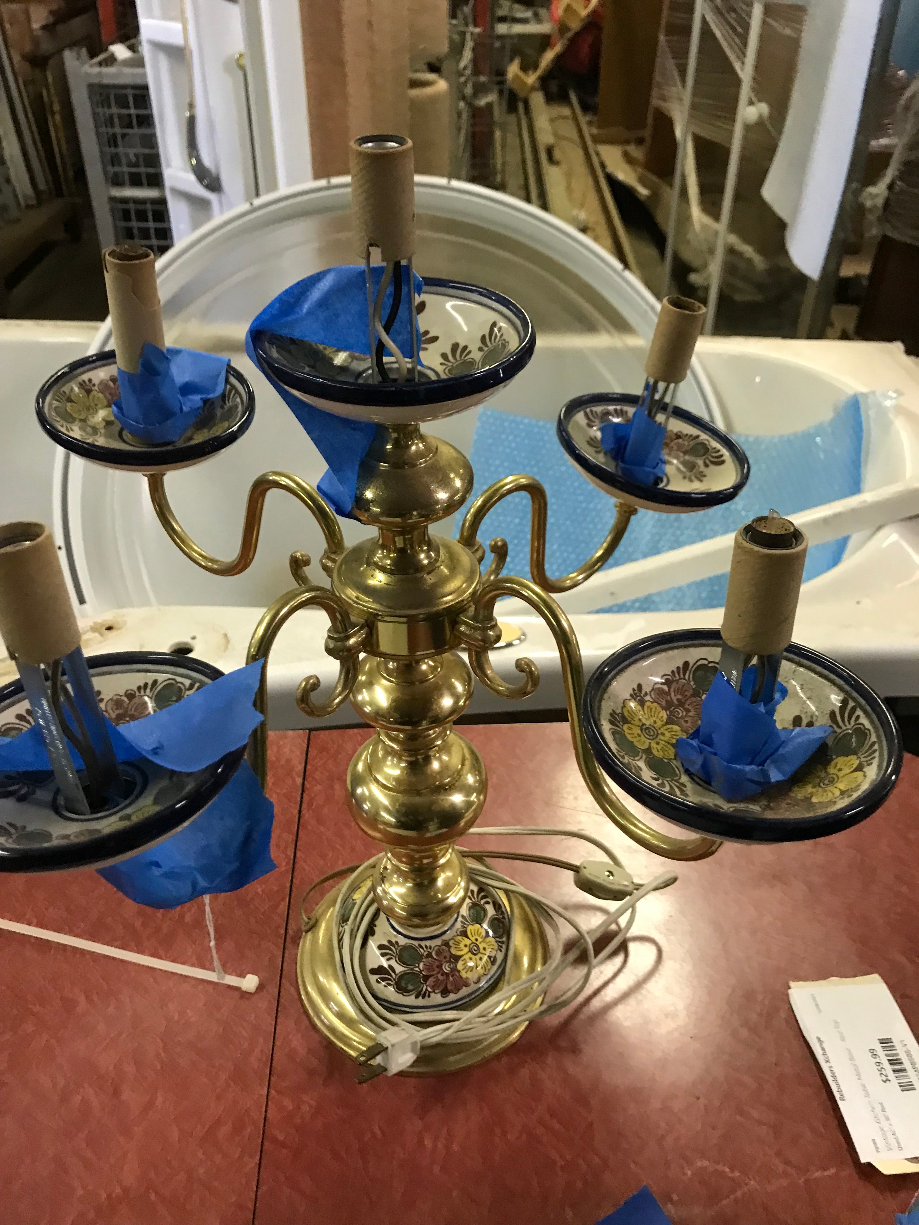 Table Lamp Brass with 5 candelabra light and Ceramic Painted Features